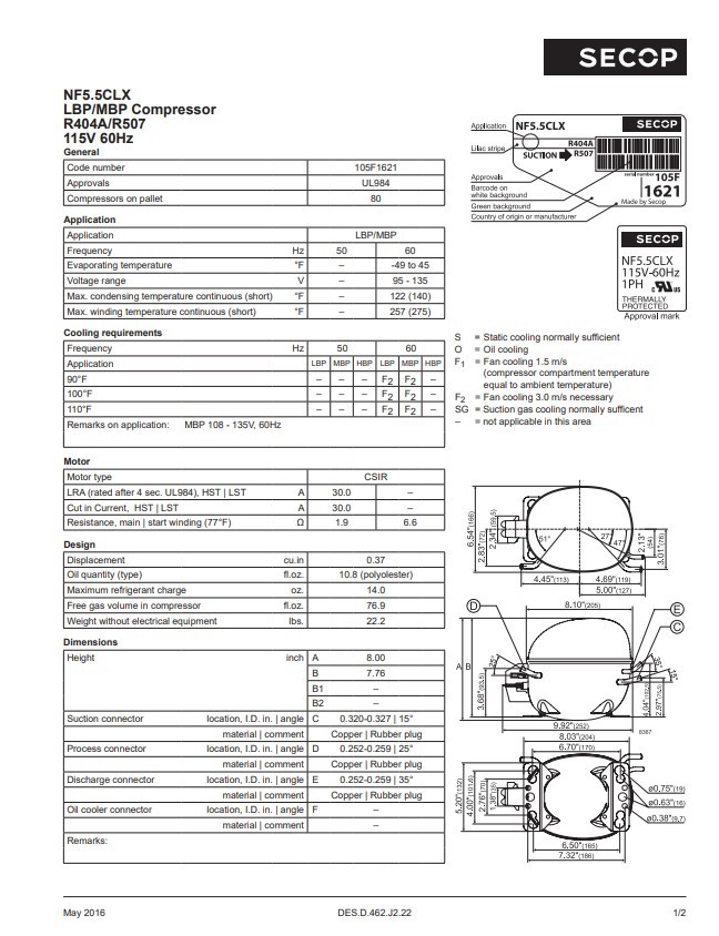 Secop NF5.5CLX R404a Hermetic Refrigeration Compressor 1/3 HP 115V L/MBP