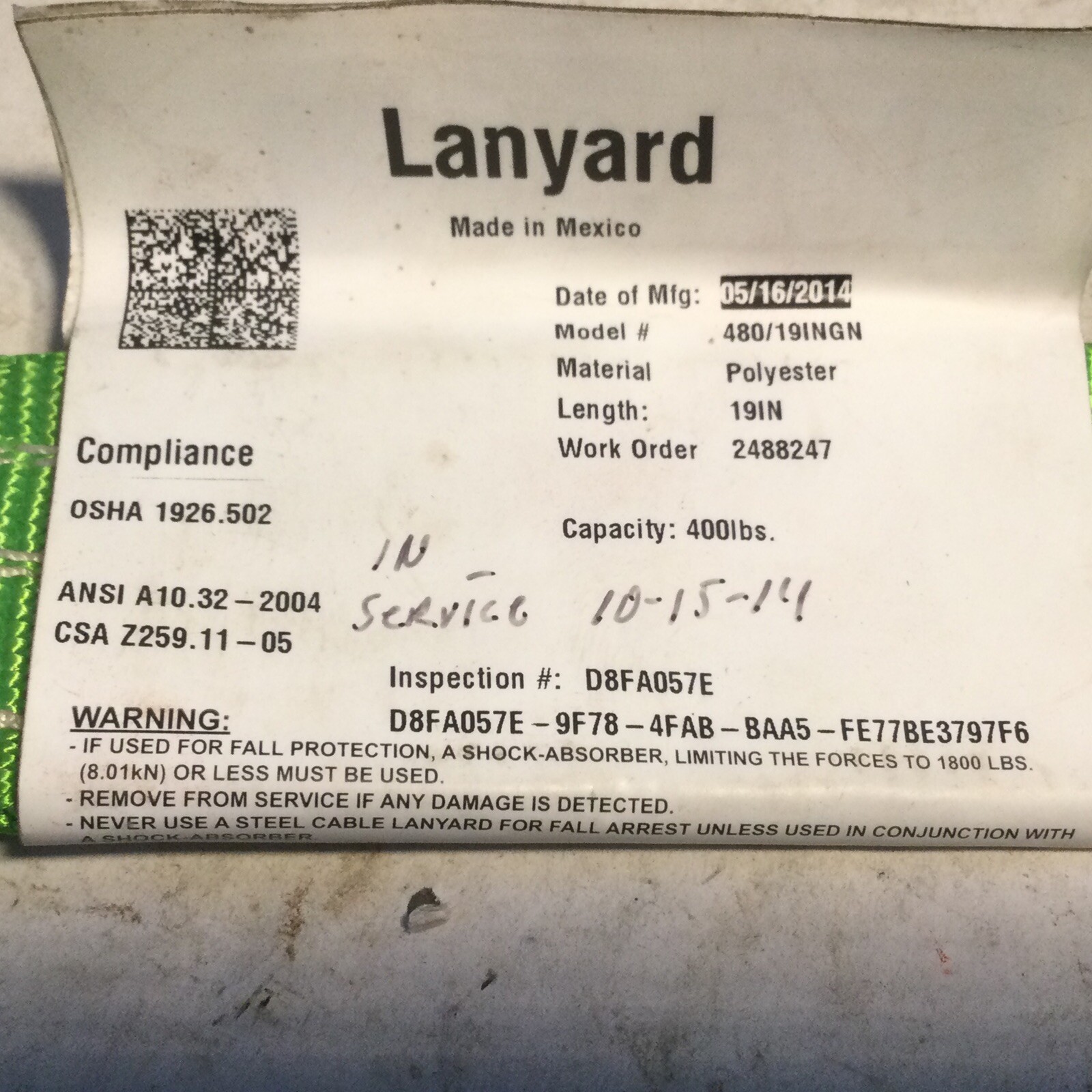 MILLER 480/19INGN LANYARD 19IN 400LBS HOOK ANCHOR POLYESTER NNB, NOS