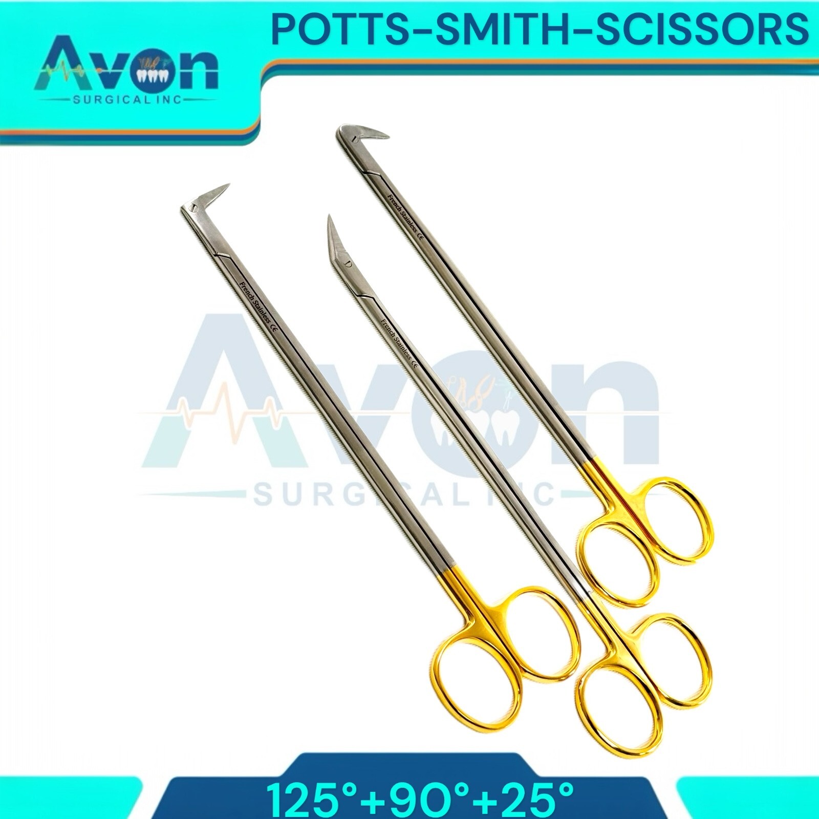 3pcs Set – Potts Smith Vascular Scissors, 25°, 90°, 125°, Angled Blades, Sharp