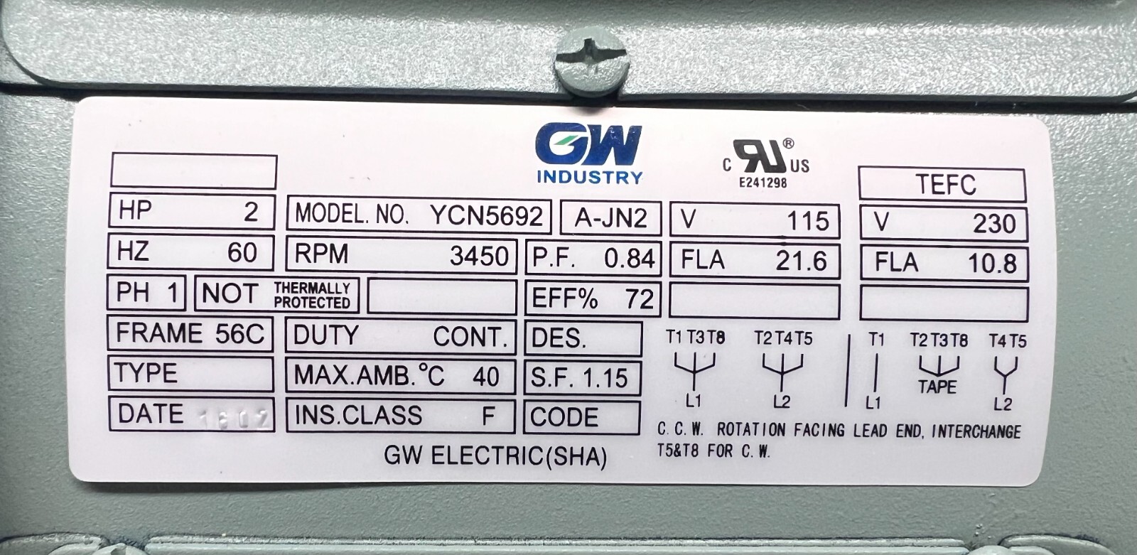 General Purpose 2 HP 1 Phase Motor 3450 RPM 56C Frame TEFC 115/230V