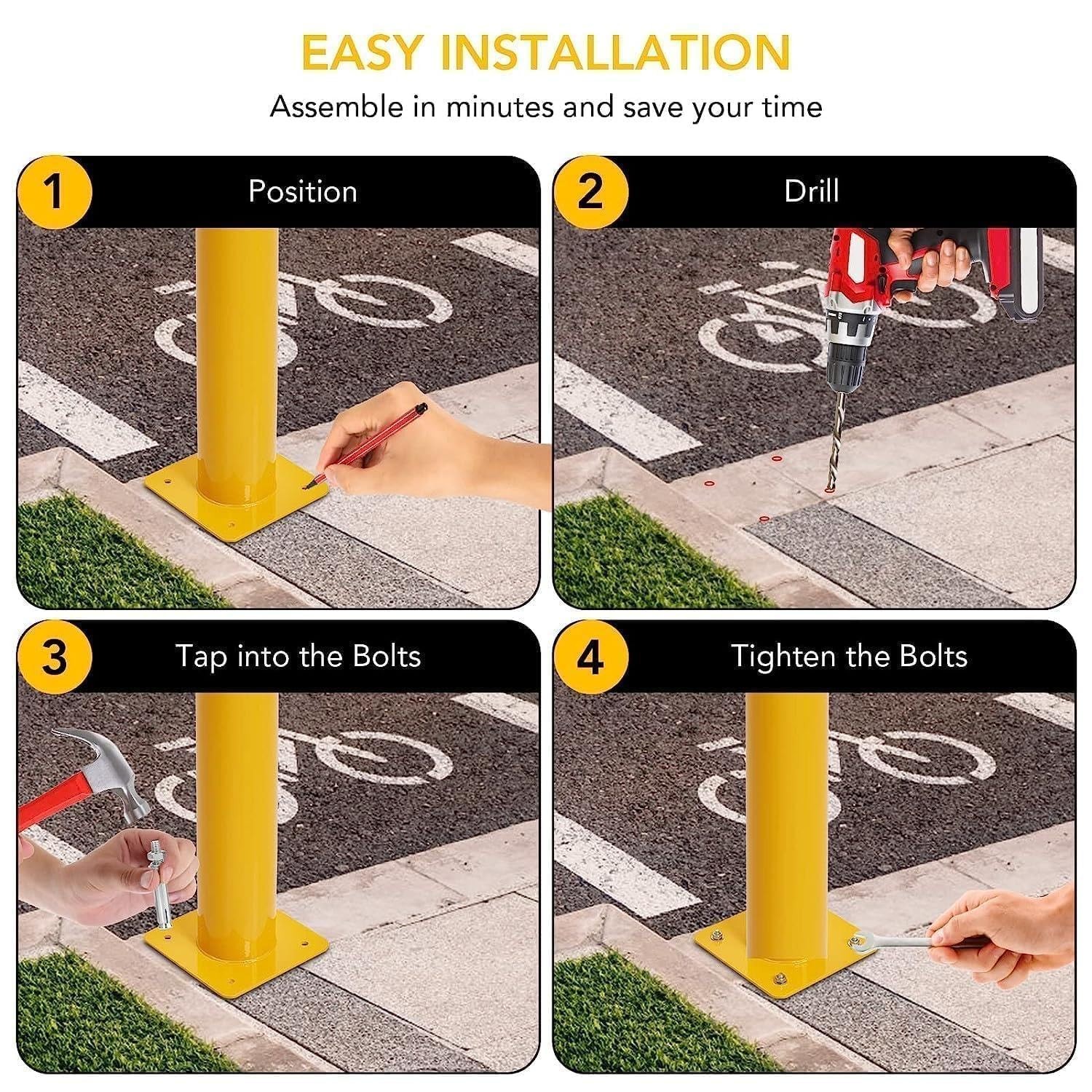 6-Pack 48 Inch Steel Safety Bollards, 4.5 Inch Diameter Parking Bollard Post