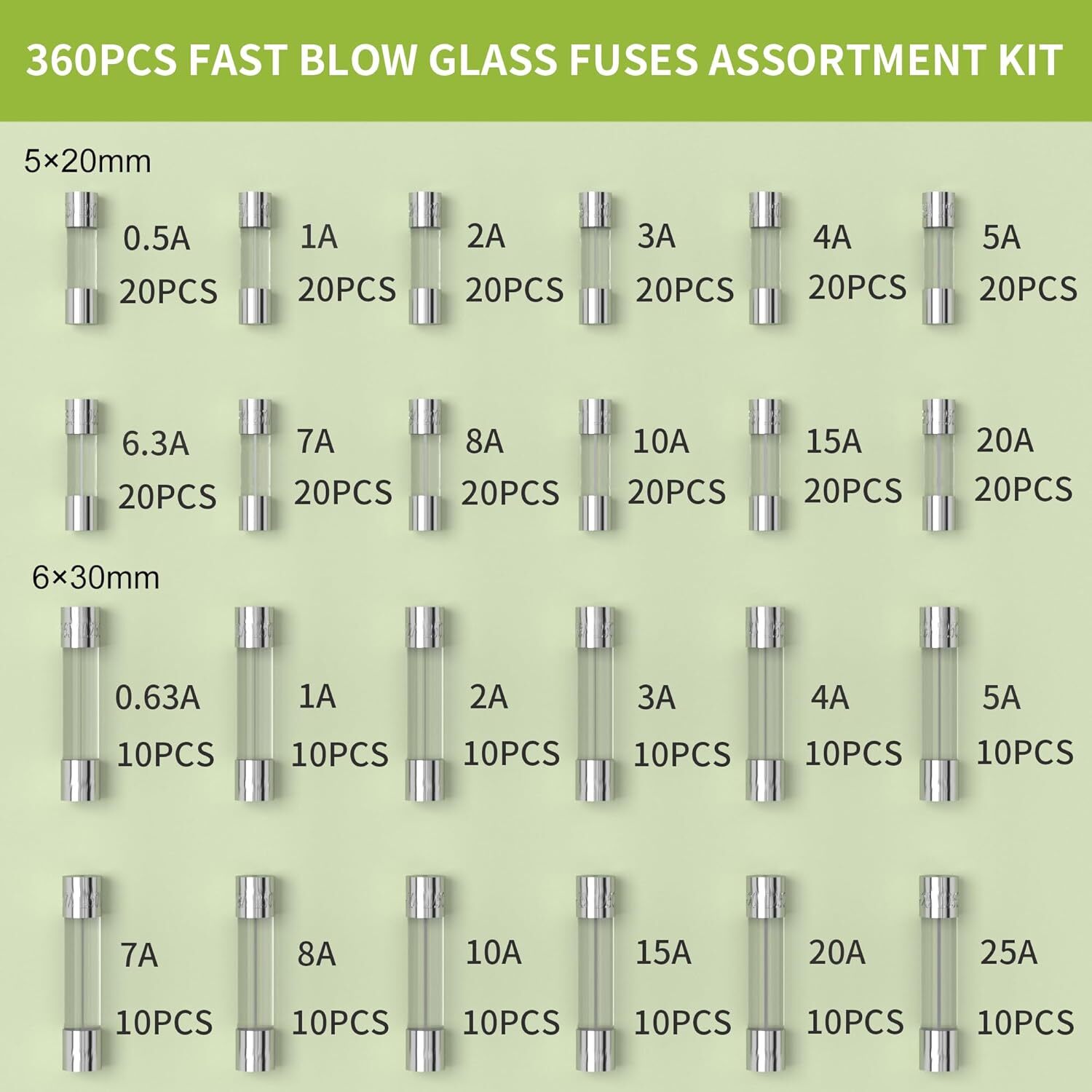 Joinfworld 360Pcs Fast Blow Glass Fuse Assortment Kit 24 Values Automotive Fuses