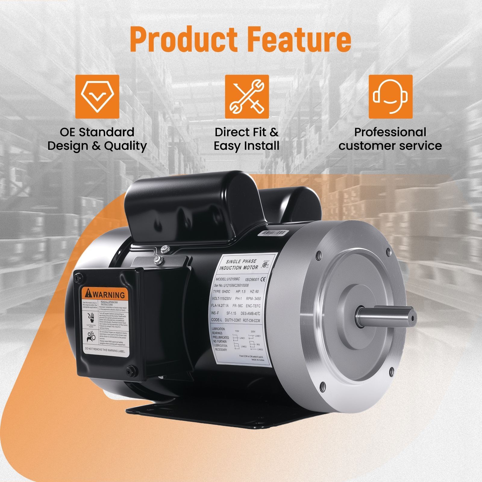 1.5HP 115V/230V Single Phase Electric Motor 3450RPM 56C Frame ODP CCW Rotation
