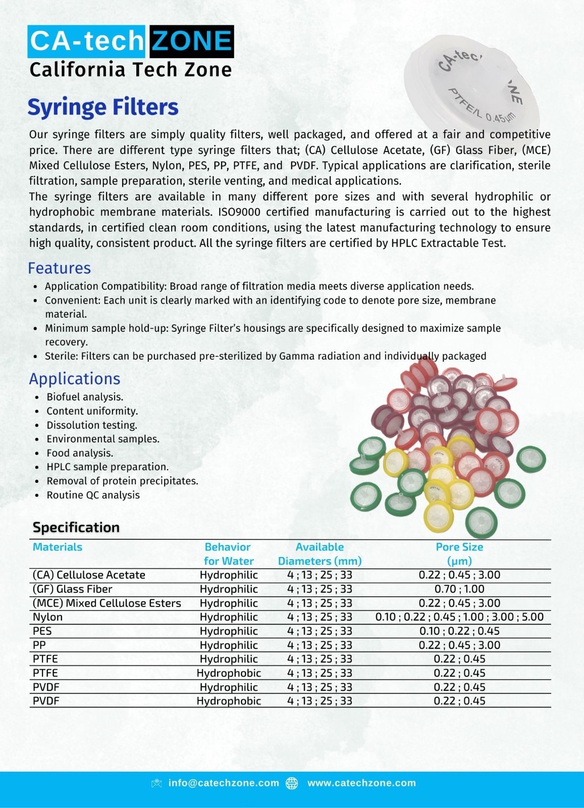 Syringe Filter (CA) Cellulose Acetate Nonsteril,0.45μm,25mm(100/pk) CA-tech ZONE