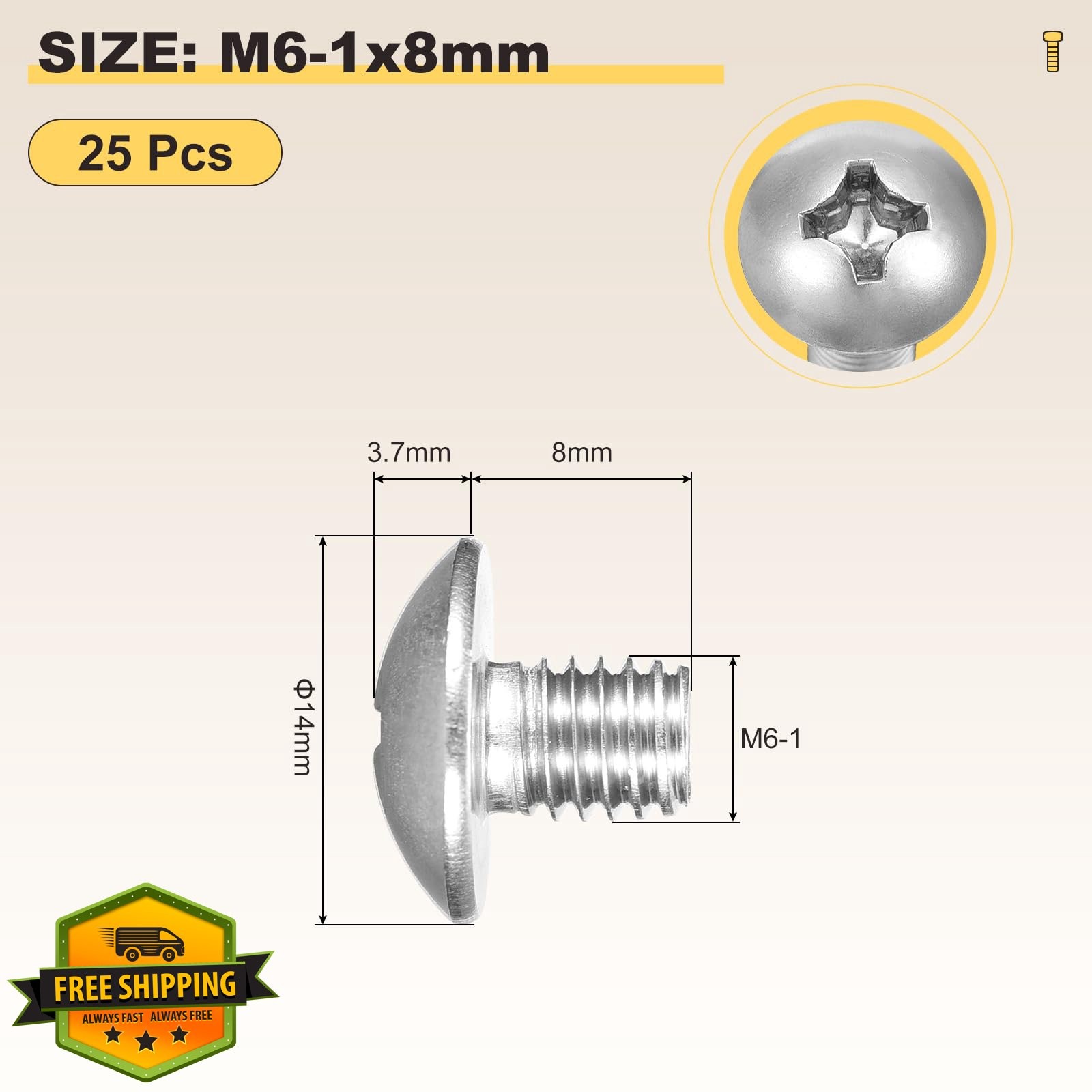 METALLIXITY M6-1x8mm Machine Screws 25 Pcs Silver