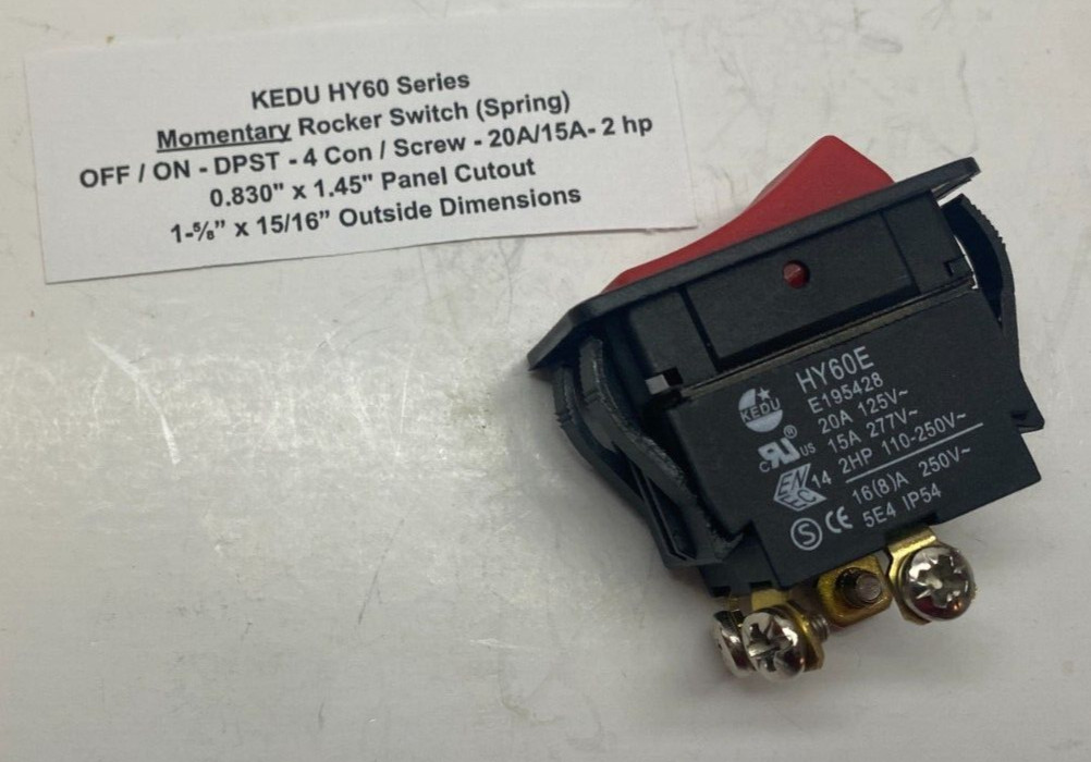 OFF/ON DPST Momentary Rocker Switch 20A 2hp 4 Screw Connect (0.830″ x 1.45″)