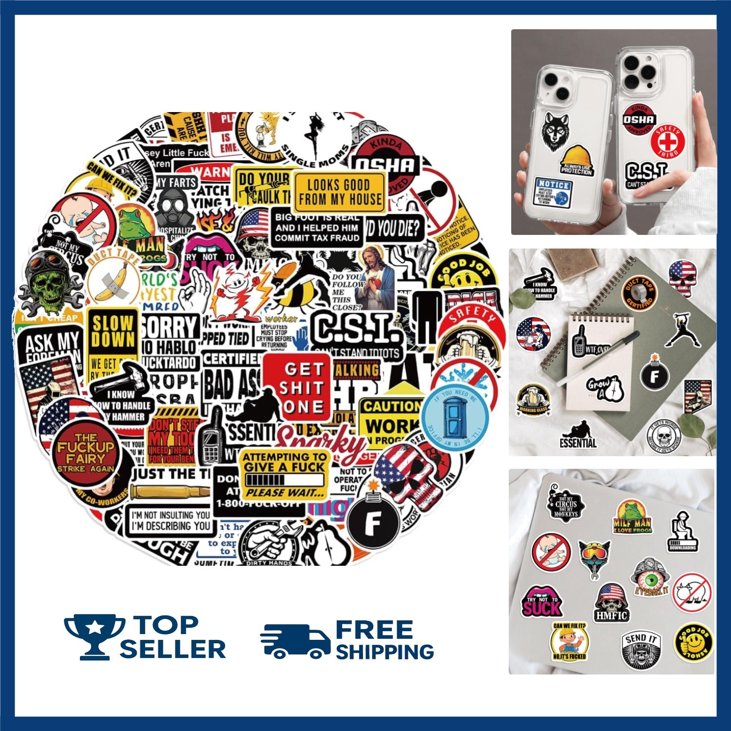 100pcs Funny Hard Hat Stickers (Dirty) for Adult Tool Box, Helmet, Black