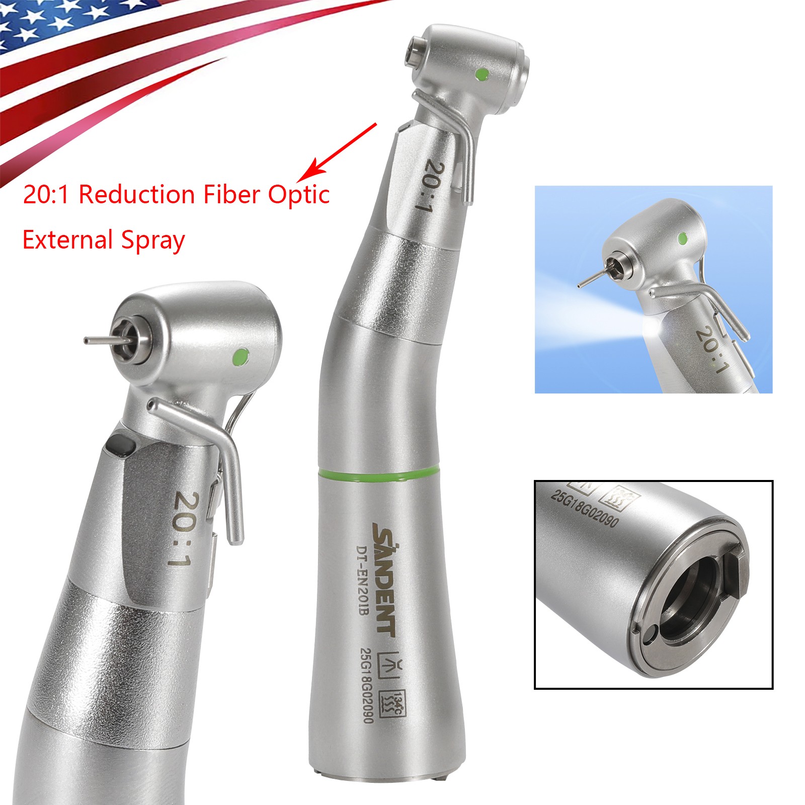 LED SANDENT 20:1 Contra Angle Fiber Optic Electric Handpiece External Spray