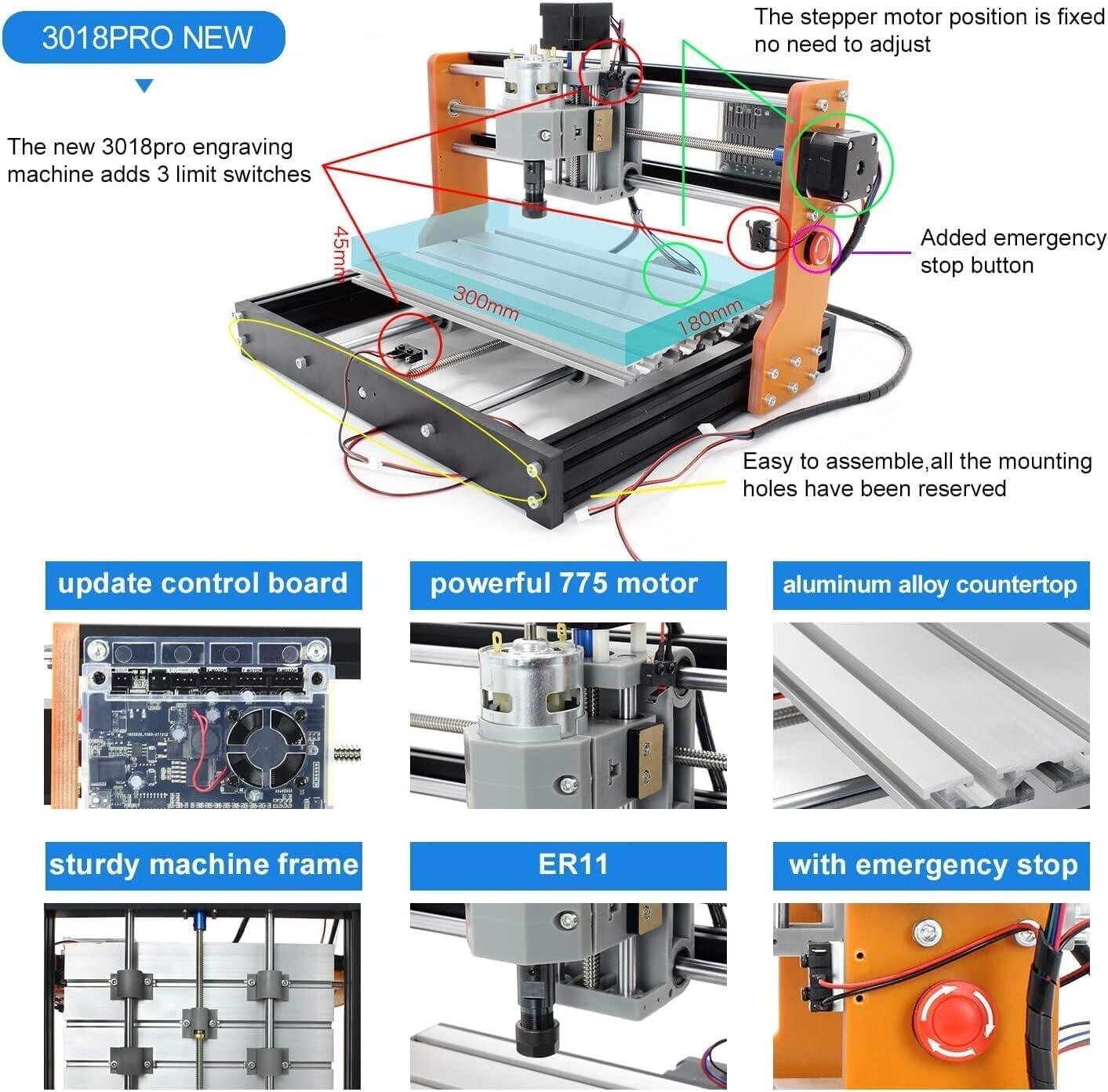 【US】Upgraded 3018-PRO CNC Router Milling Engraving Laser Machine+ Limit Switches