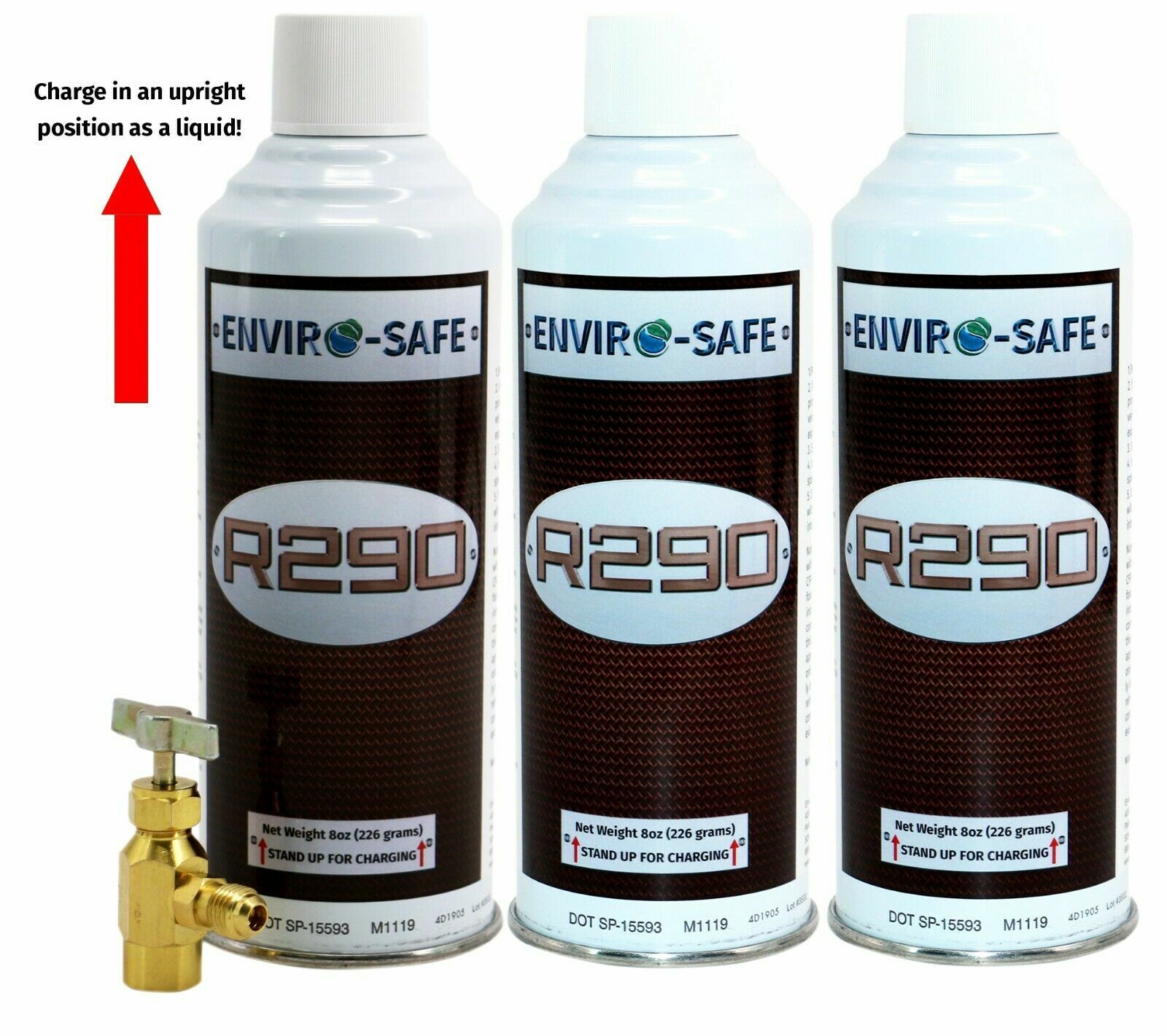 R290 Refrigerant (UPRIGHT CAN!) 3 cans & Top Tap Kit #8013
