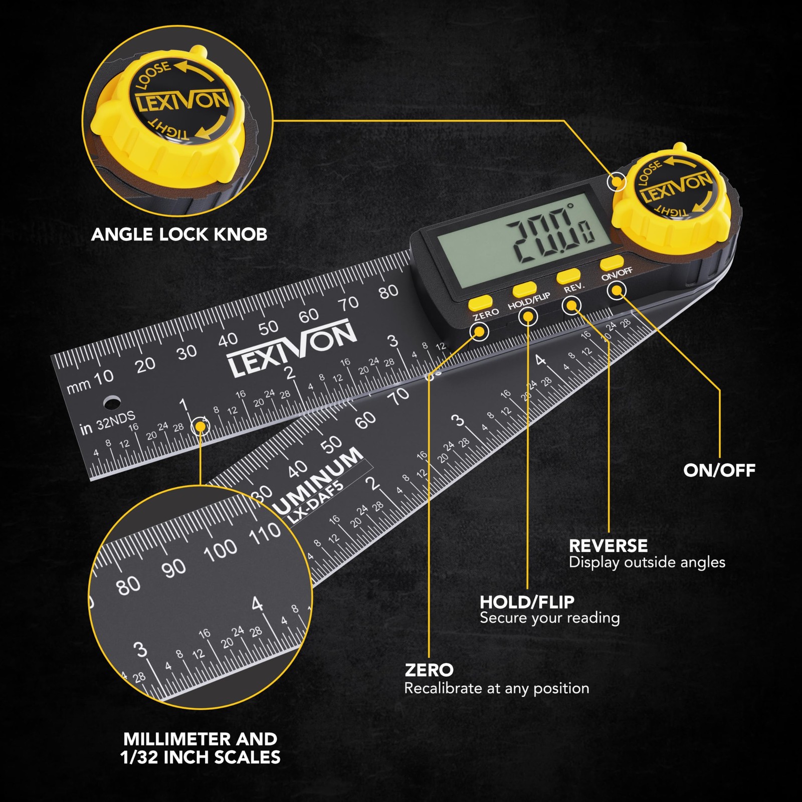 Aluminum Digital Angle Finder Gauge, 5-inch/130mm Multi-Purpose Protractor, I…