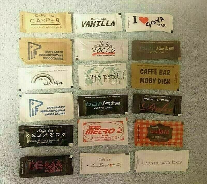 Set of 18 Different Unused Coffee & Tea Sugar Packets Bags from ZAGREB, Croatia