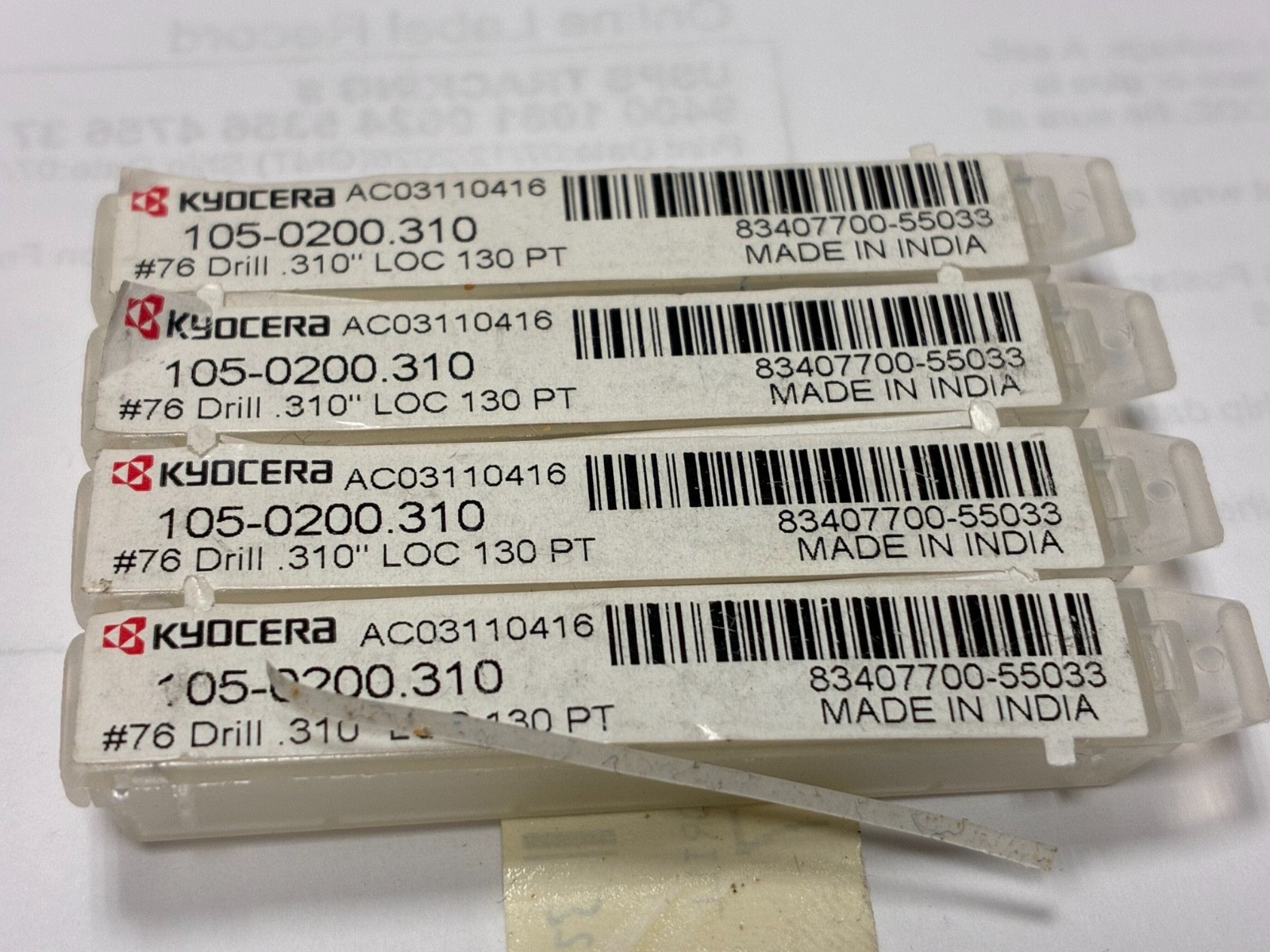 Lot of 4, SGS Kyocera 07293, Solid Carbide Circuit Board Drills, #76, 130°