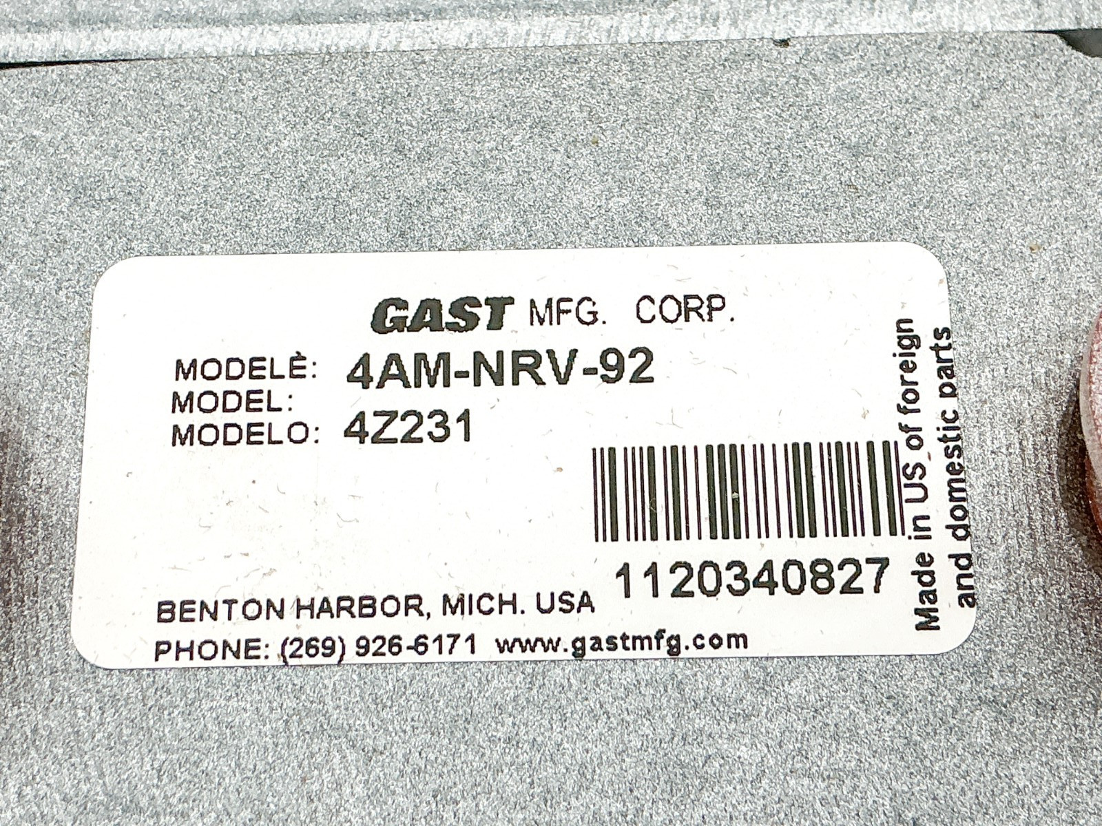 New Gast 4AM-NRV-92 Air Motor 1.7HP 35IN Torque 3000RPM 4Z231