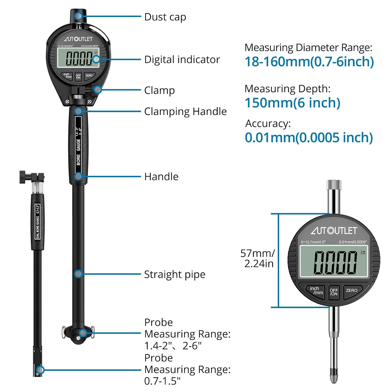 Digital Dial Bore Gauge, 0.7″-6″ Measurement Range, 0.0005″ Precision Dial Bore