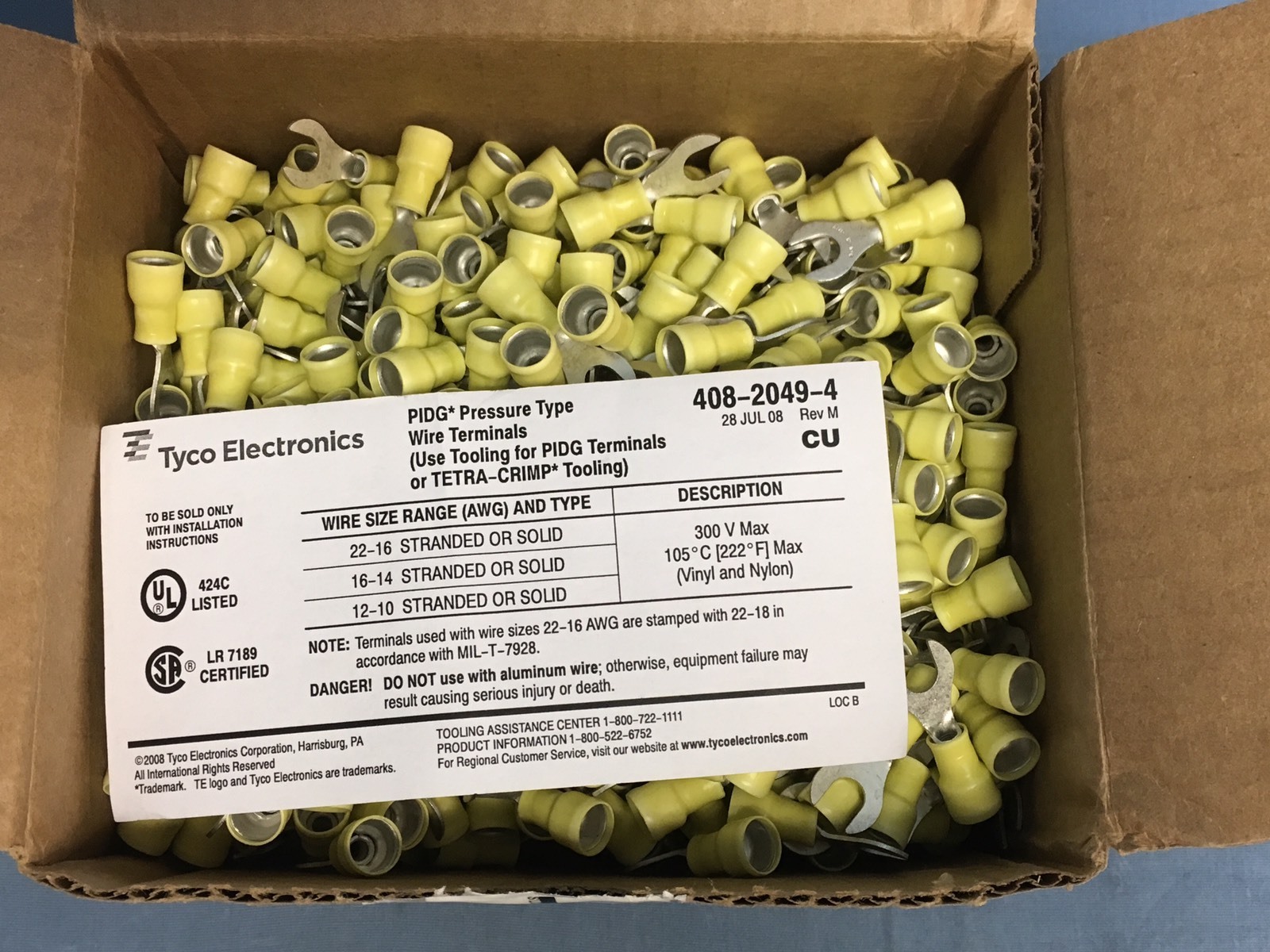 1000 NEW Amp Tyco 321611 PIDG Crimp Ring Tongue Terminal 12-10AWG ¼” Stud Yellow