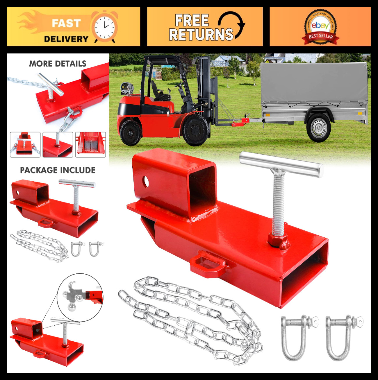 2″ Receiver Forklift Trailer Hitch Attachment, Towing Adapter with Chain – Red
