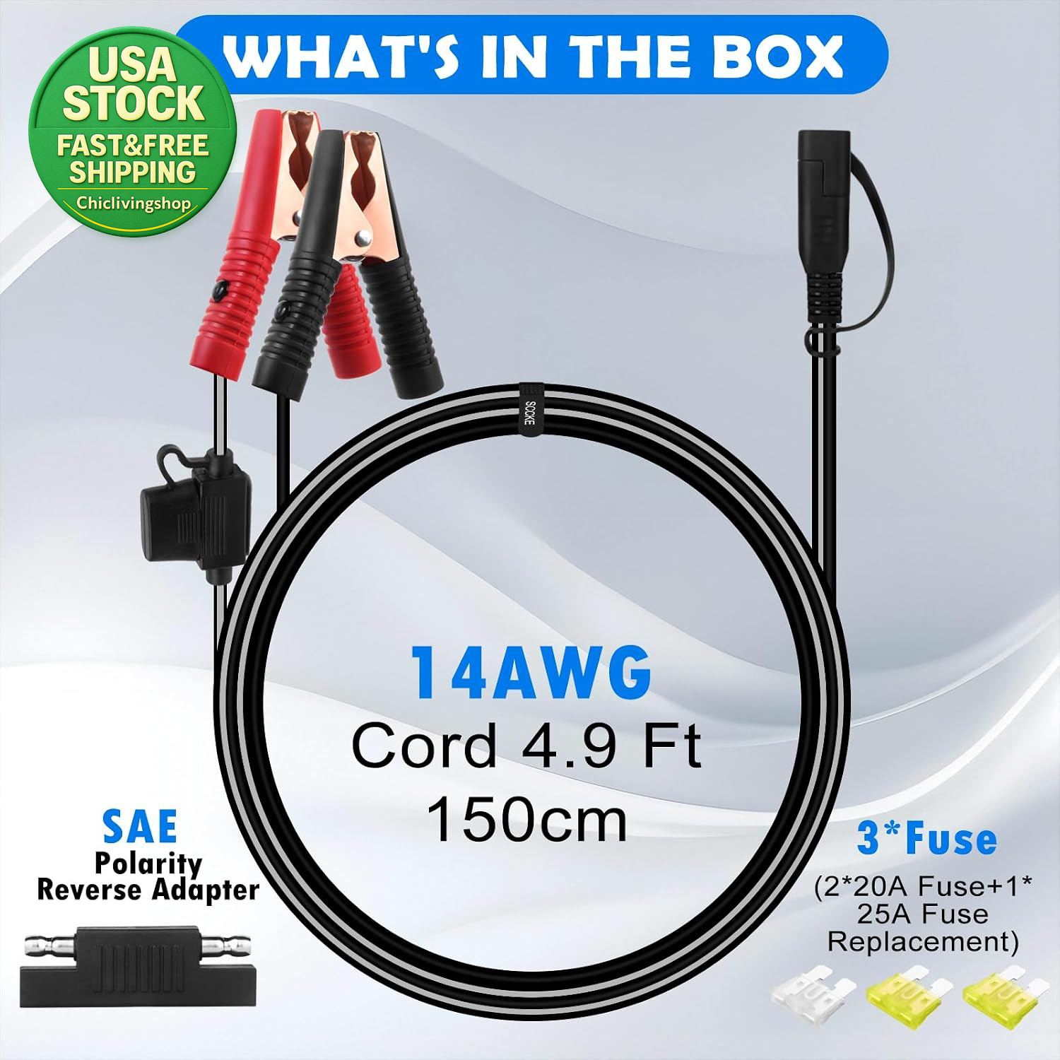 4.9FT 14AWG Battery Alligator Clip to SAE Connector Extension Cable with Fuse