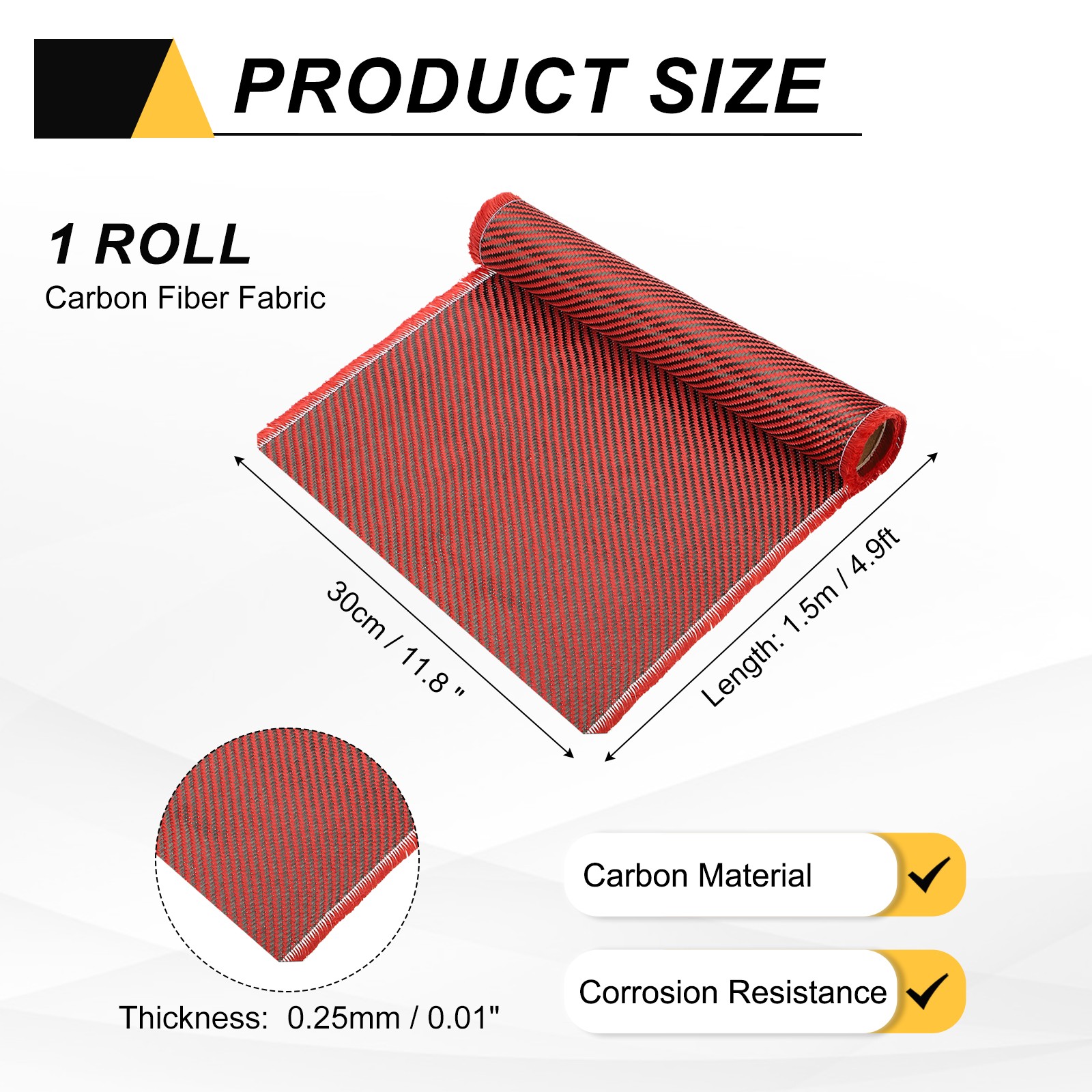 Carbon Fiber Fabric 4.9ft x 11.8″ Sheet Roll 2×2 Twill Weave 3K 220g, Black/Red