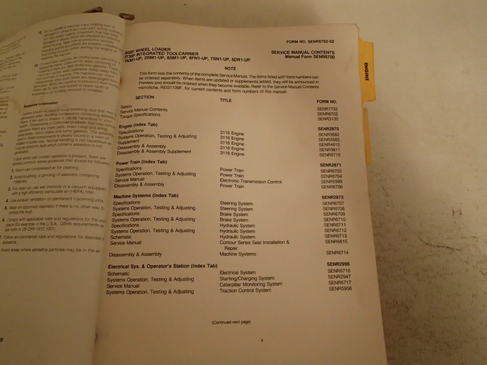 Caterpillar 938F IT38F Loader Service Manual , 1KM 2RM 85M 6FN 7SN 5DR 1- up