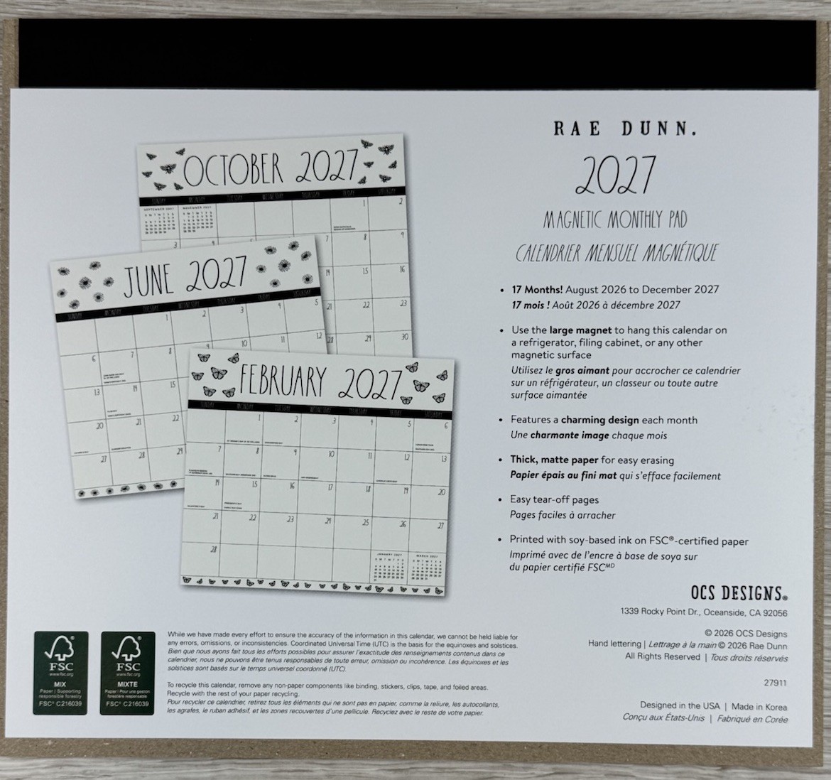 RAE DUNN 2026 2027 Magnetic 17 Monthly Pad Calendar Planner Butterfly 9.5×8.5″