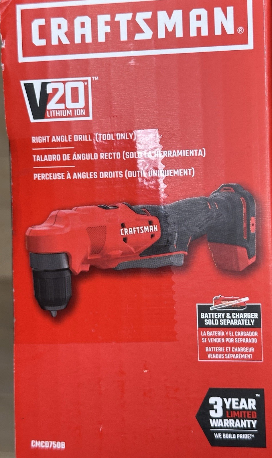 Craftsman V20 Cordless 3/8-Inch Right Angle Drill (Tool Only) CMCD750B – New