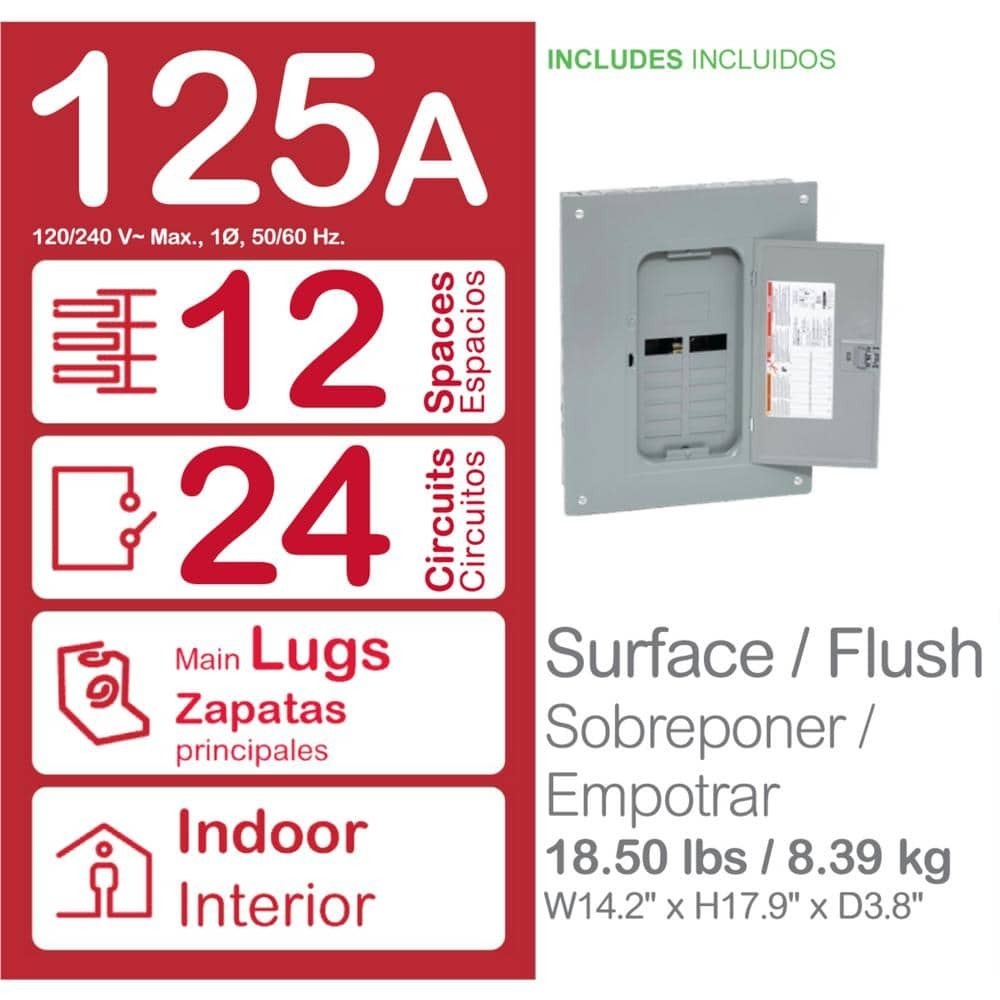 Square-D 125-Amp 12-Space 24-Circuit Indoor Home Main Lug Load Panel Box