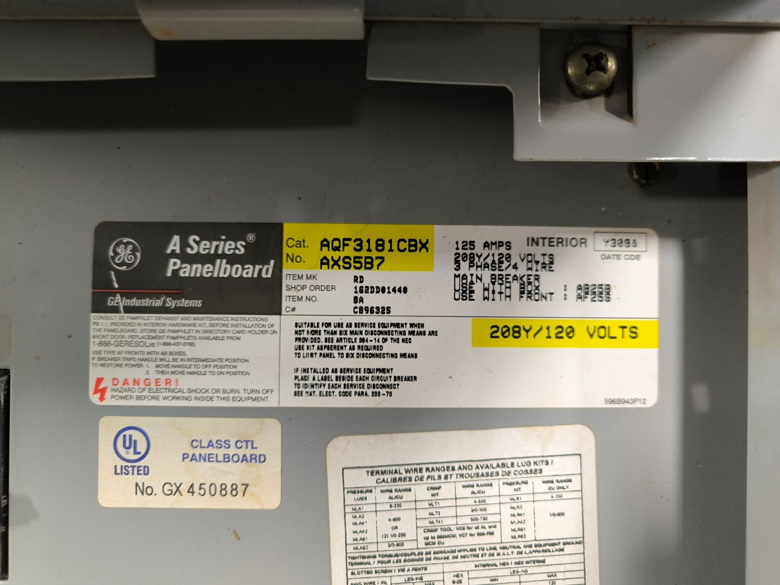 GE General Electric AQF3181CBX AXS5B7 A Series Panelboard 100 Amp 208Y/120V 3PH