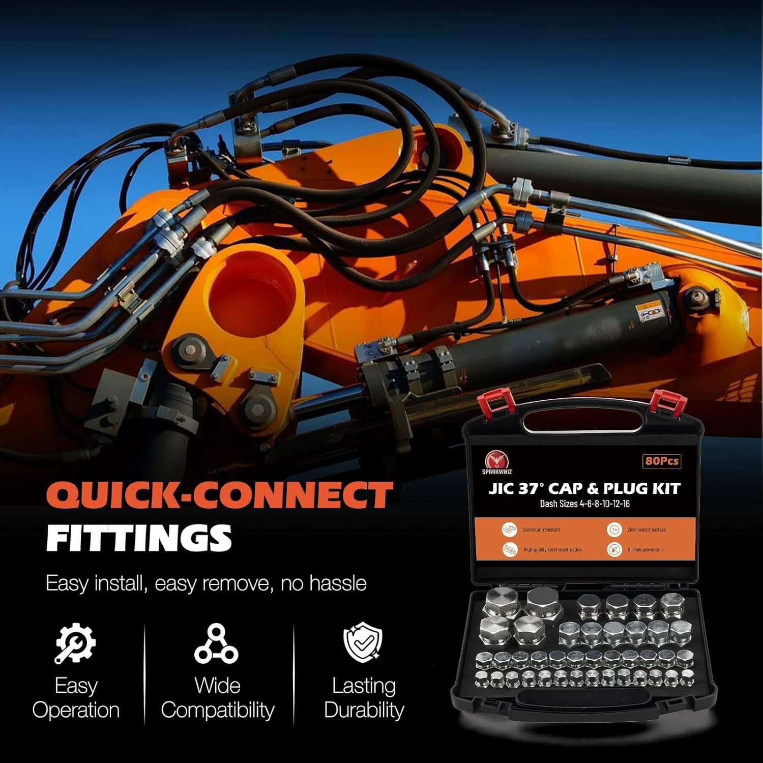 80pcs JIC 37° Flare Cap&Plug Hydraulic Hose Tube and Pipe Fitting kit Heavy Duty