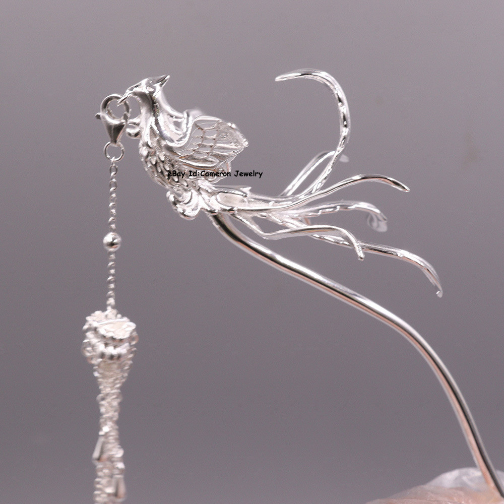 Pure S999 Fine Silver Hairpin Daily Carved Phoenix Hair Stick 24-25g 5inch