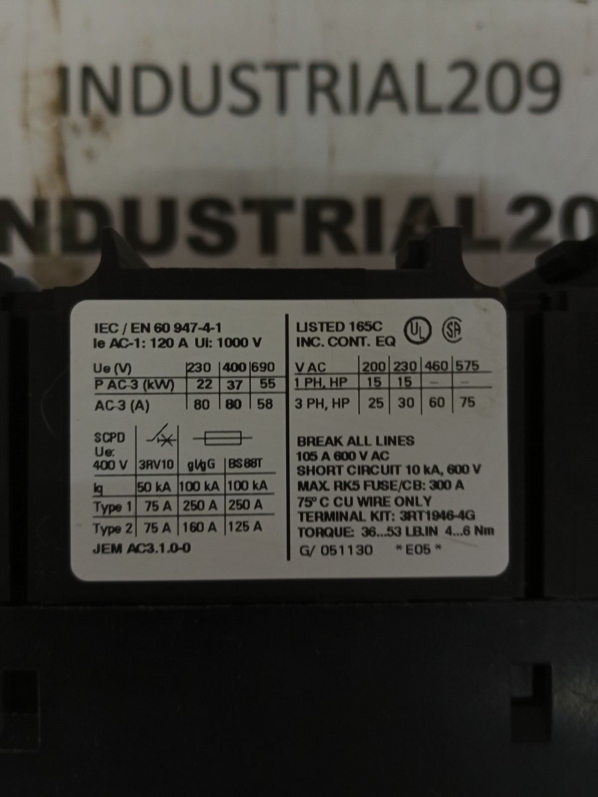 SIEMENS SIRIUS CONTACTOR 3RT1045-3AK60