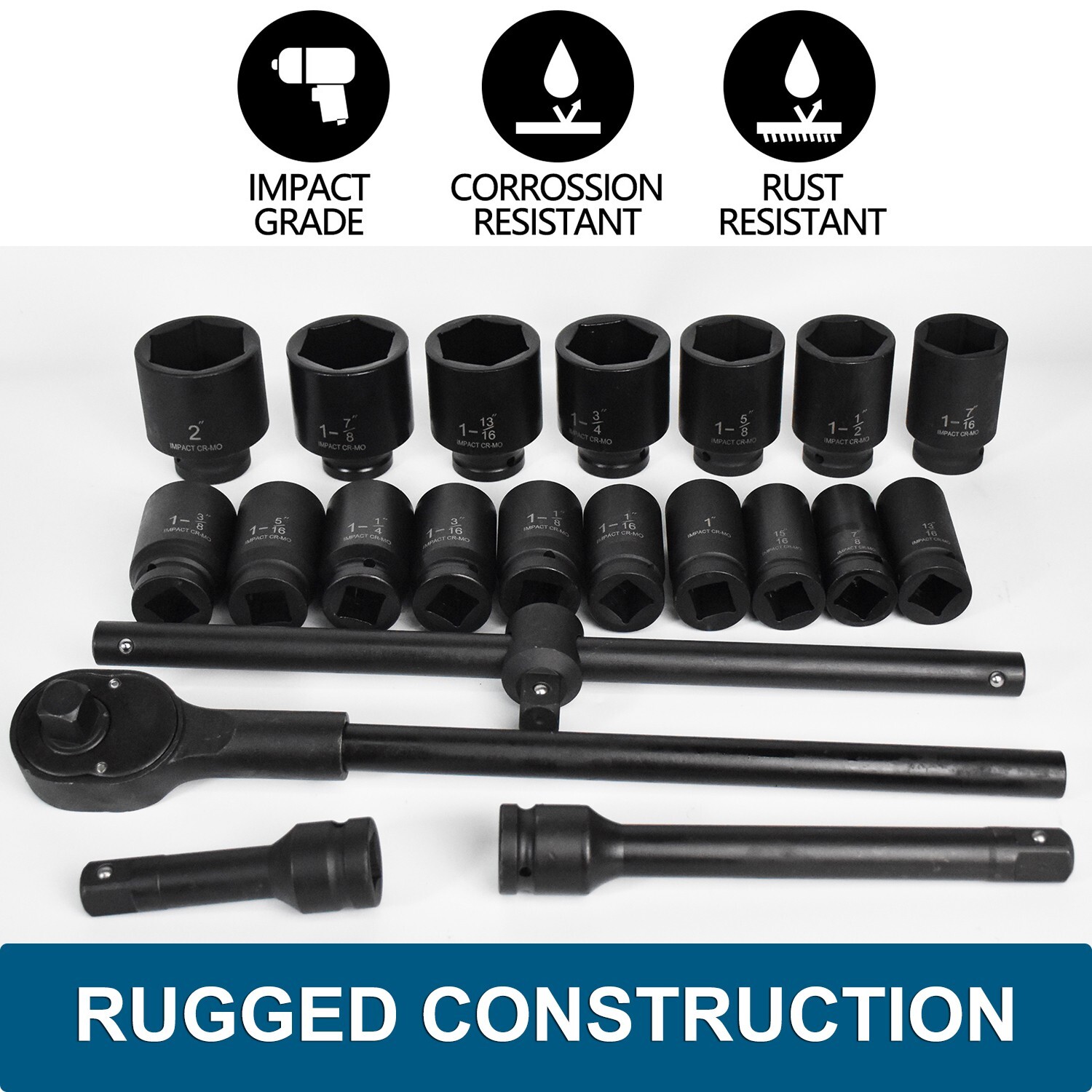 22Pcs Impact Socket Set 3/4″ Drive Deep SAE Cr-Mo Extension Bar Sliding T-Bar