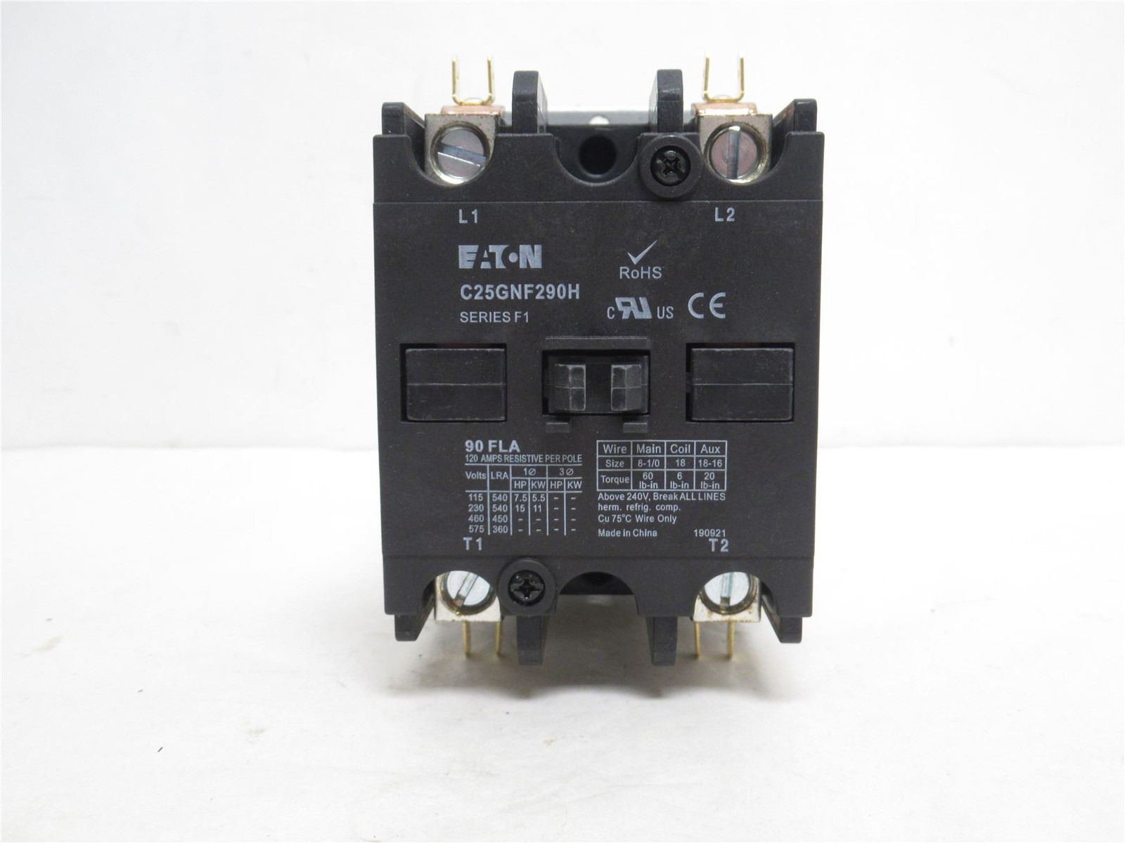 239857 New In Box; Eaton C25GNF290H Contactor; 90A; 2P; 600VAC; Coil: 277VAC