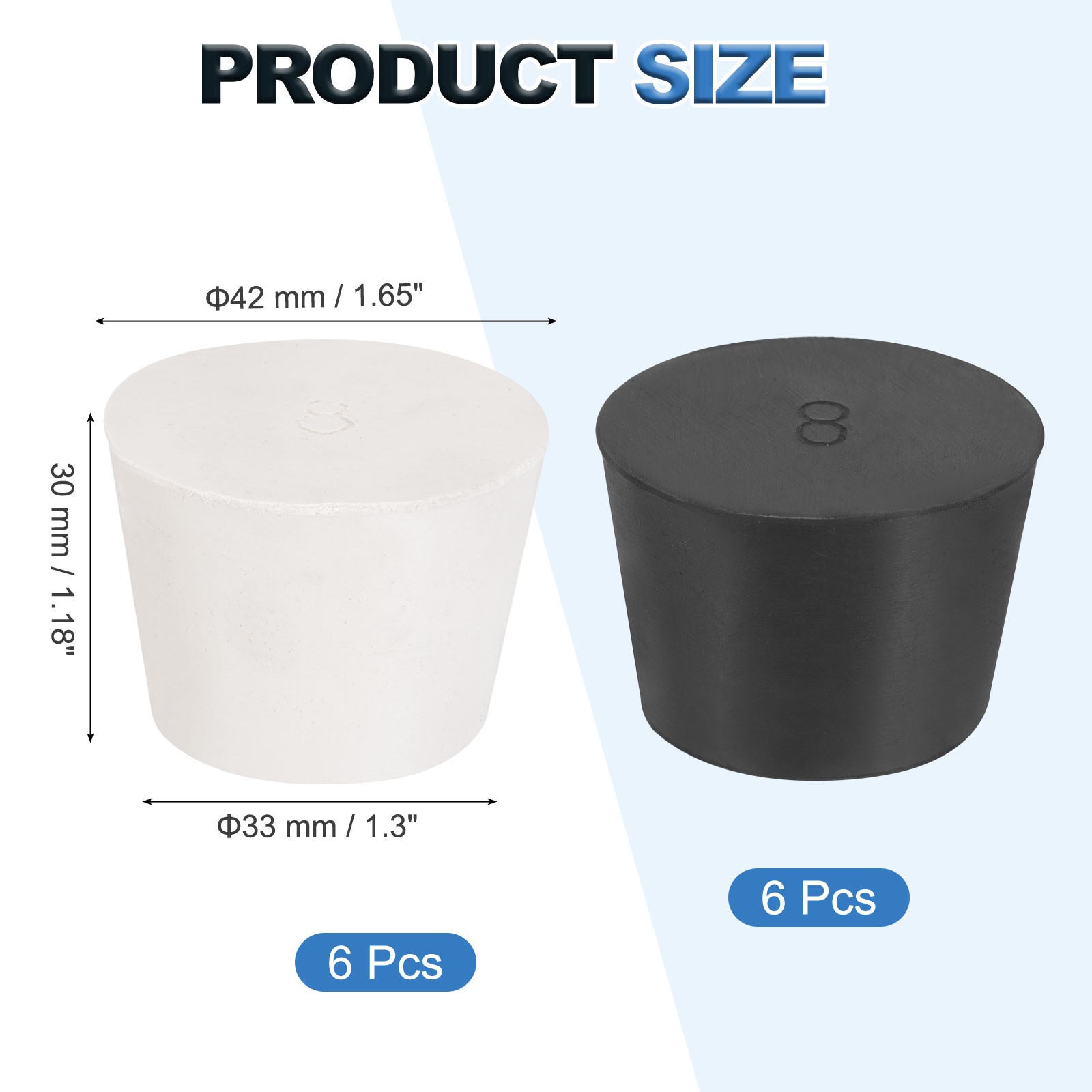 12 Pcs Solid Rubber Stopper Size 8#-42mm x 33mm – 30mm Long, Black/White