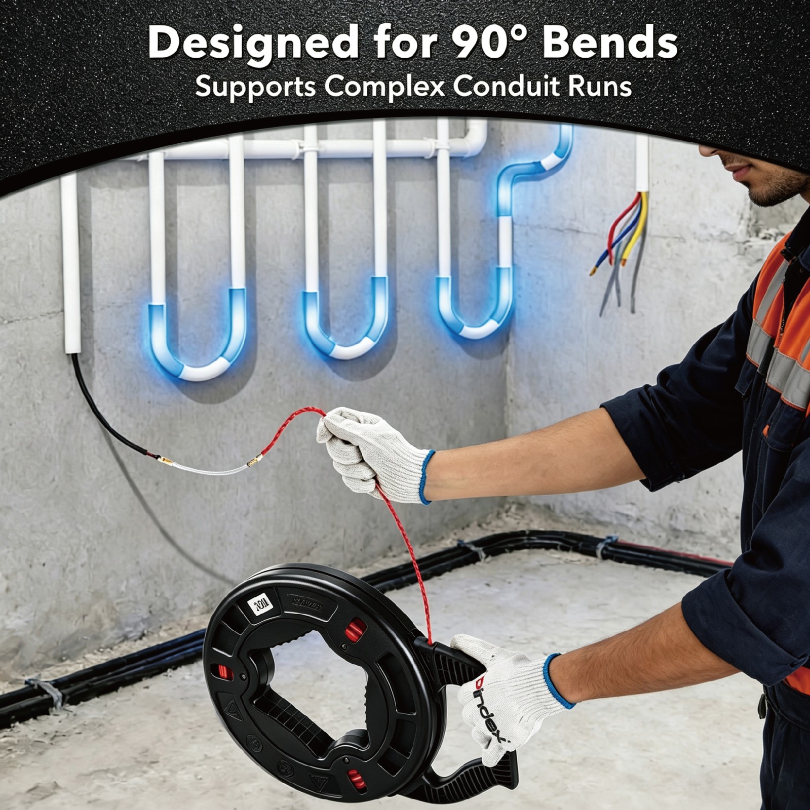 148Ft x4MM Glassfiber Fish-shaped Wire For Pulling Wire & Cable with 7 Adapters