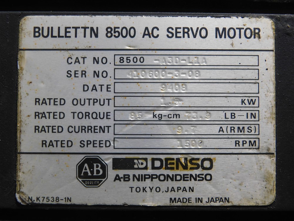 USED Allen Bradley 8500-A3D-L1A Servo Motor 1.3 kW 1500RPM 73.9 LB-IN 85 kg-cm