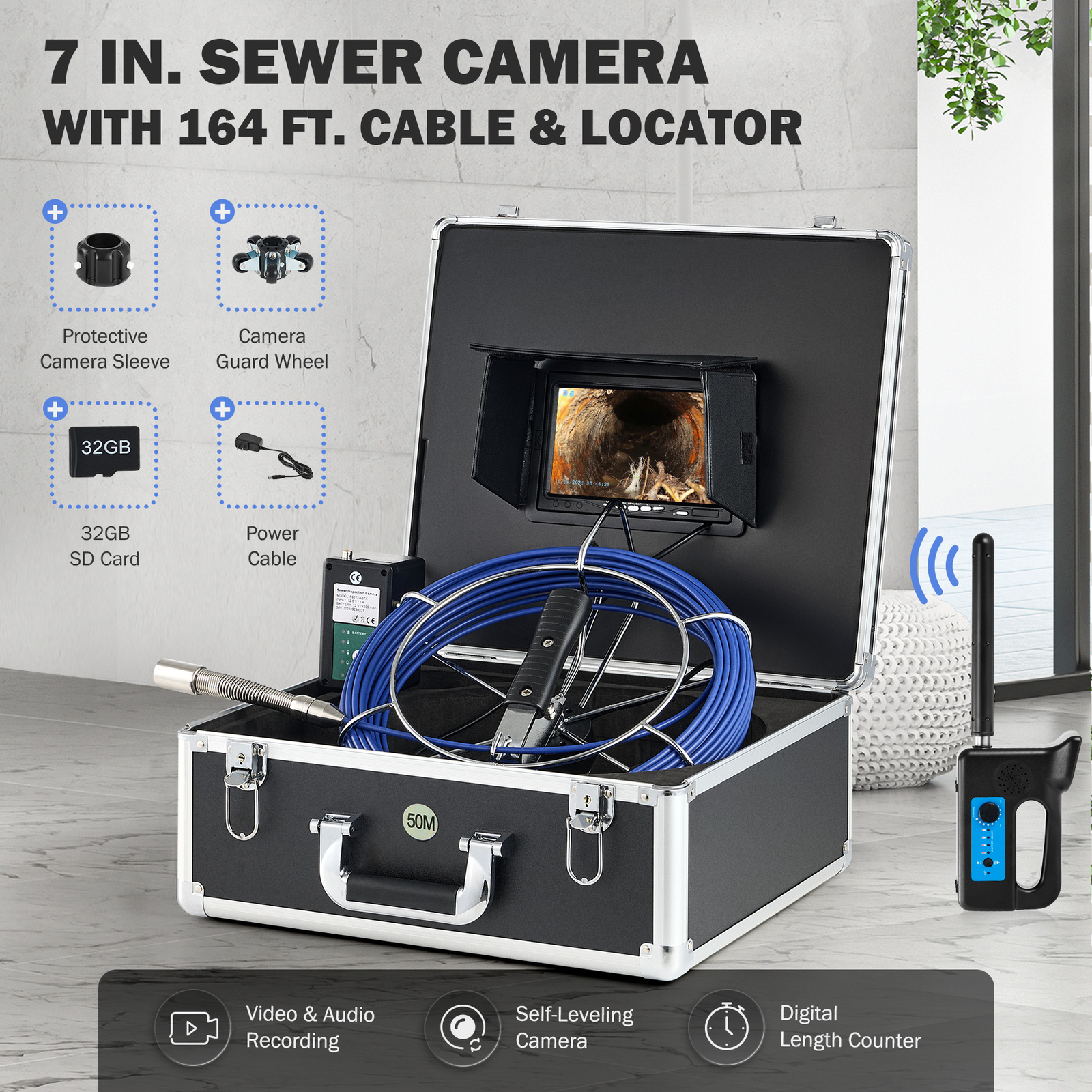 7″ Self-Leveling Sewer Inspection Camera 164ft/50m Sewer Camera w 512Hz Locator