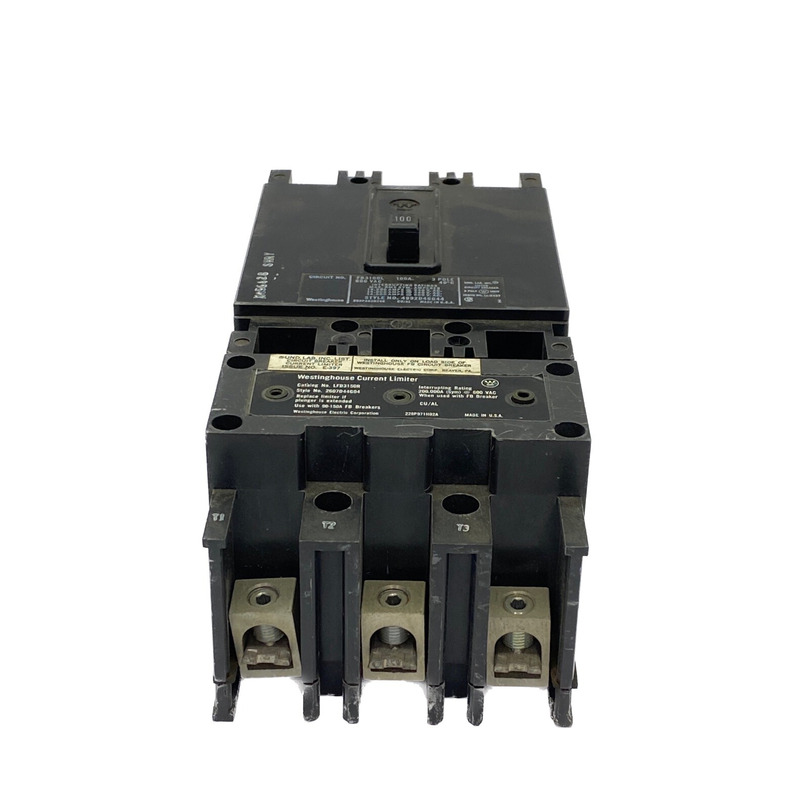 Westinghouse 100A 600VAC 3P Circuit Breaker FB3100L w/ Current Limiter LFB3150R
