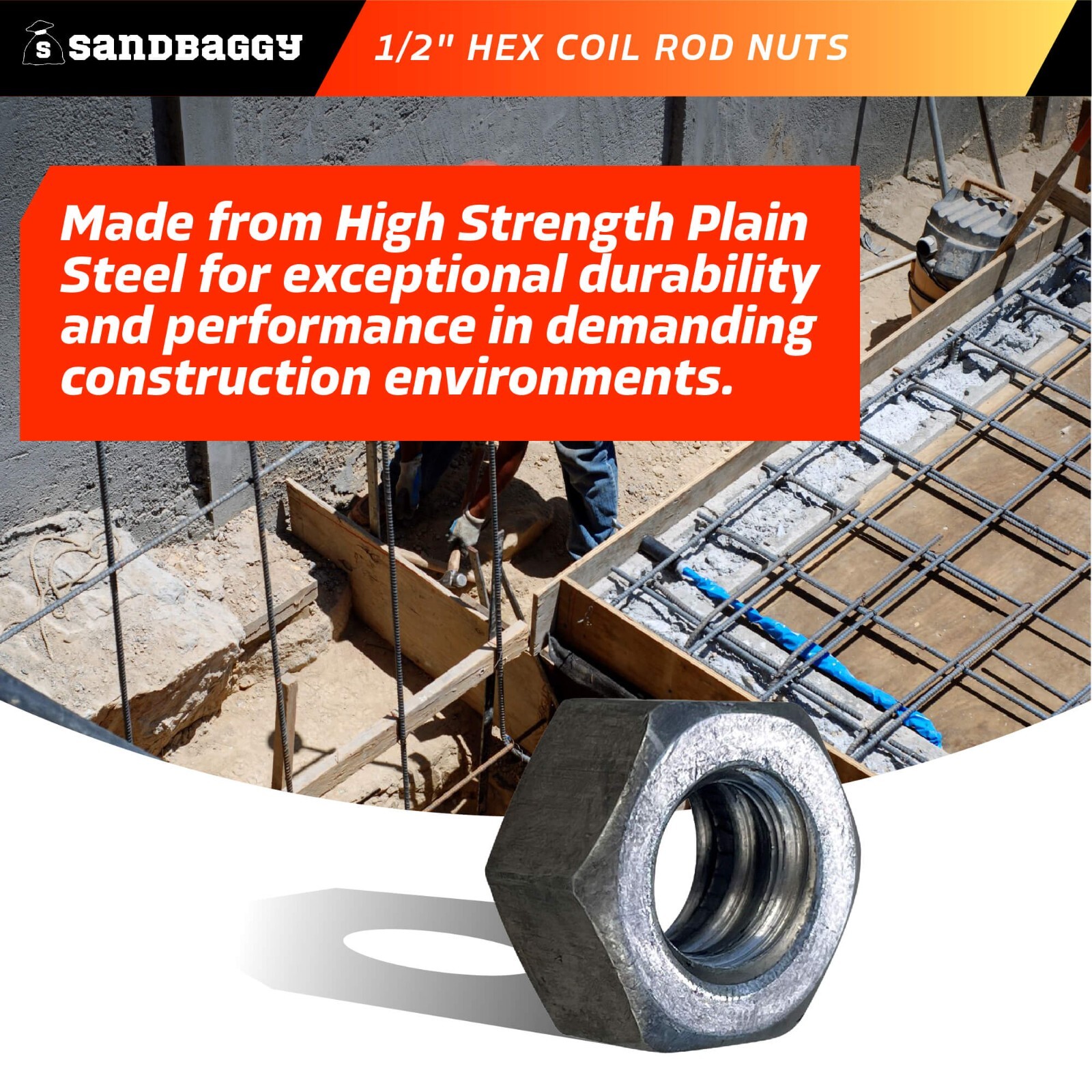Sandbaggy 1/2″ Hex Coil Rod Nuts (Threaded) – Plain Steel