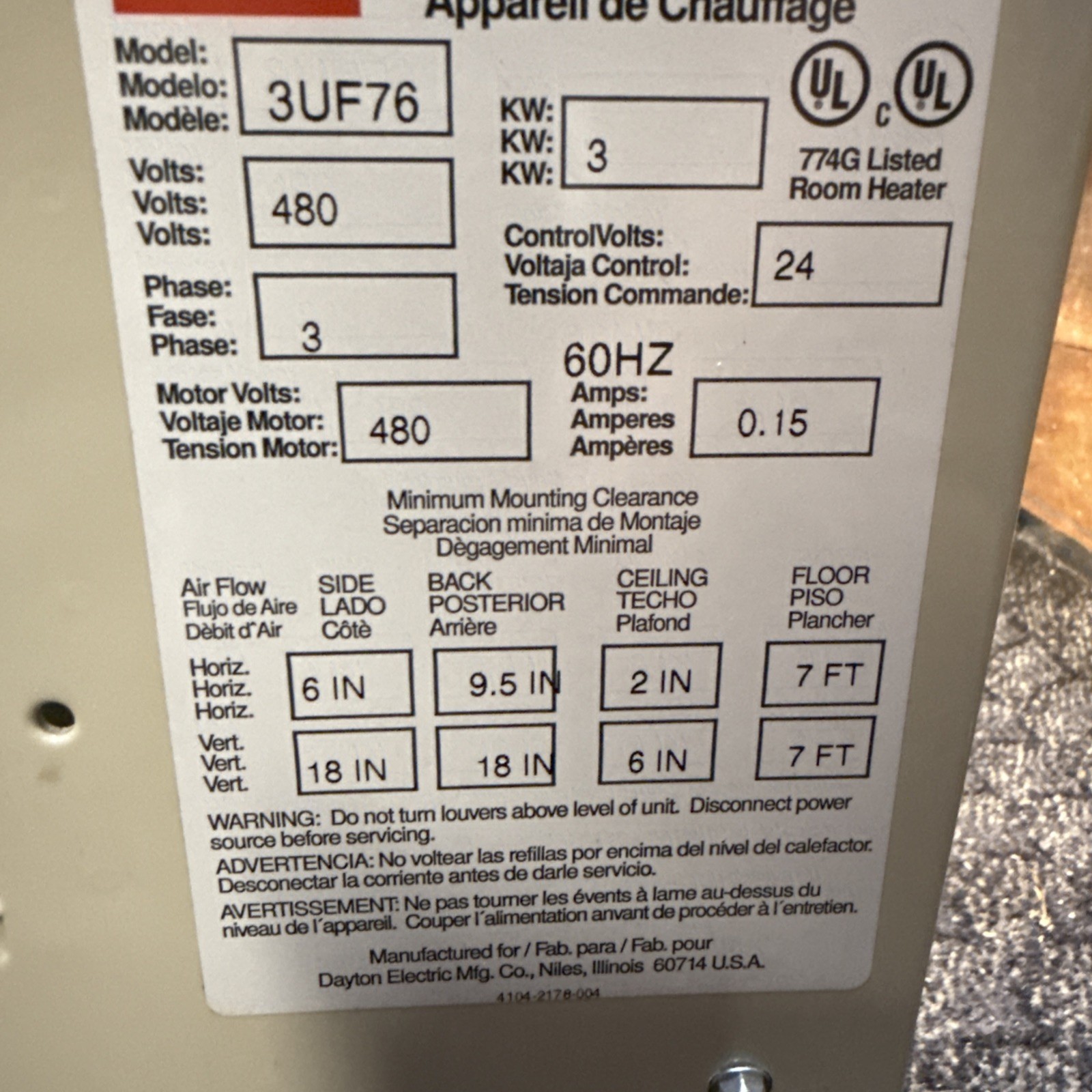Dayton 3UG73E Electric Wall & Ceiling Unit Heater, 3 Phase, 240/208Vac, 12-1/2