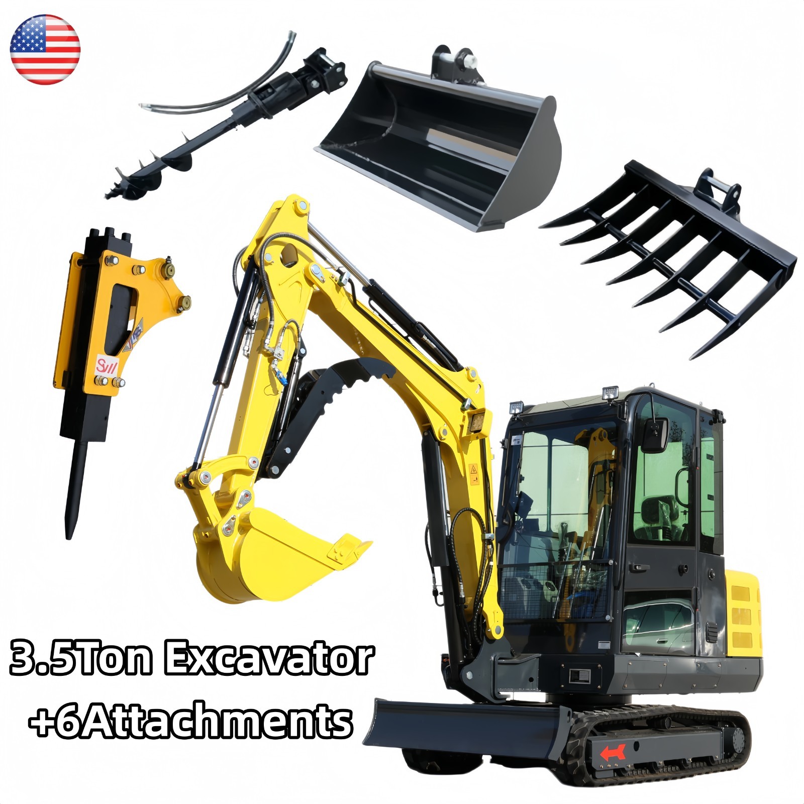 3.5Ton Mini Excavator Enclosed Cab Kubota Diesel Engine Side Swing+6 Attachments