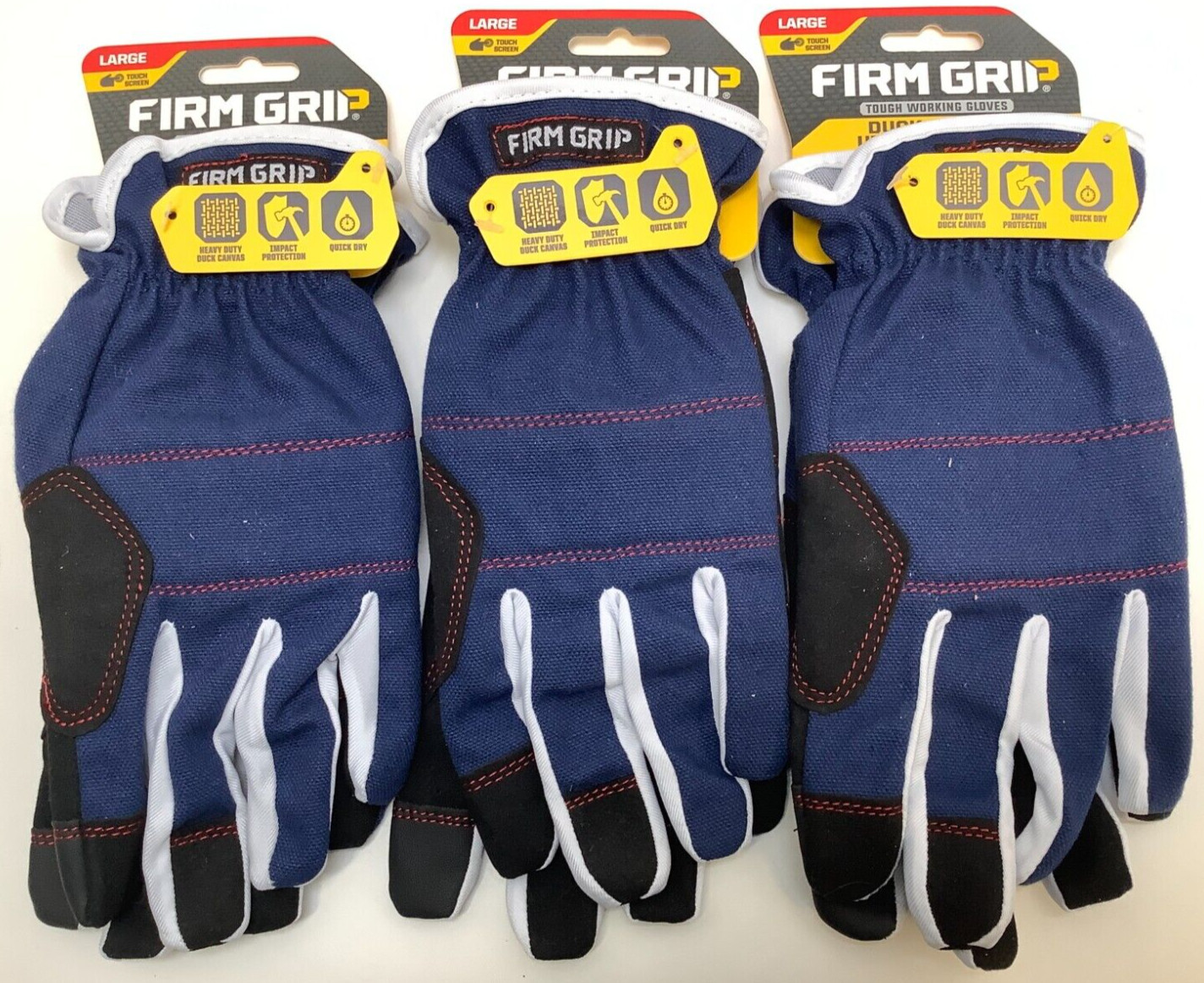 Firm Grip Duck Canvas Utility Gloves, Large, Touch Screen, Navy Blue, 3 Lot