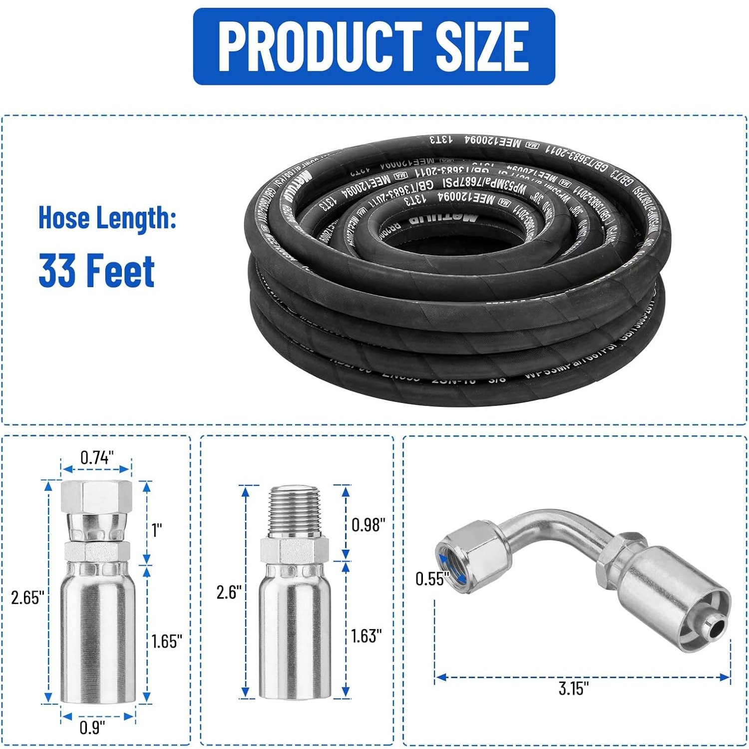 2-Wire Braid Hydraulic Hose Kit 33FT 3/8″ Hose with 16PCS Carbon Steel Fittings