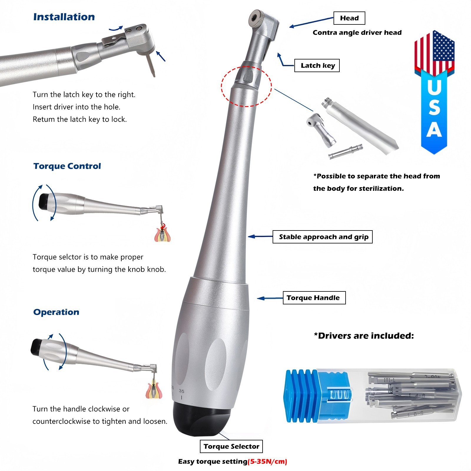 Dental Universal Implant Kit Torque Wrench Contra Angle Handpiece & 16 Drivers