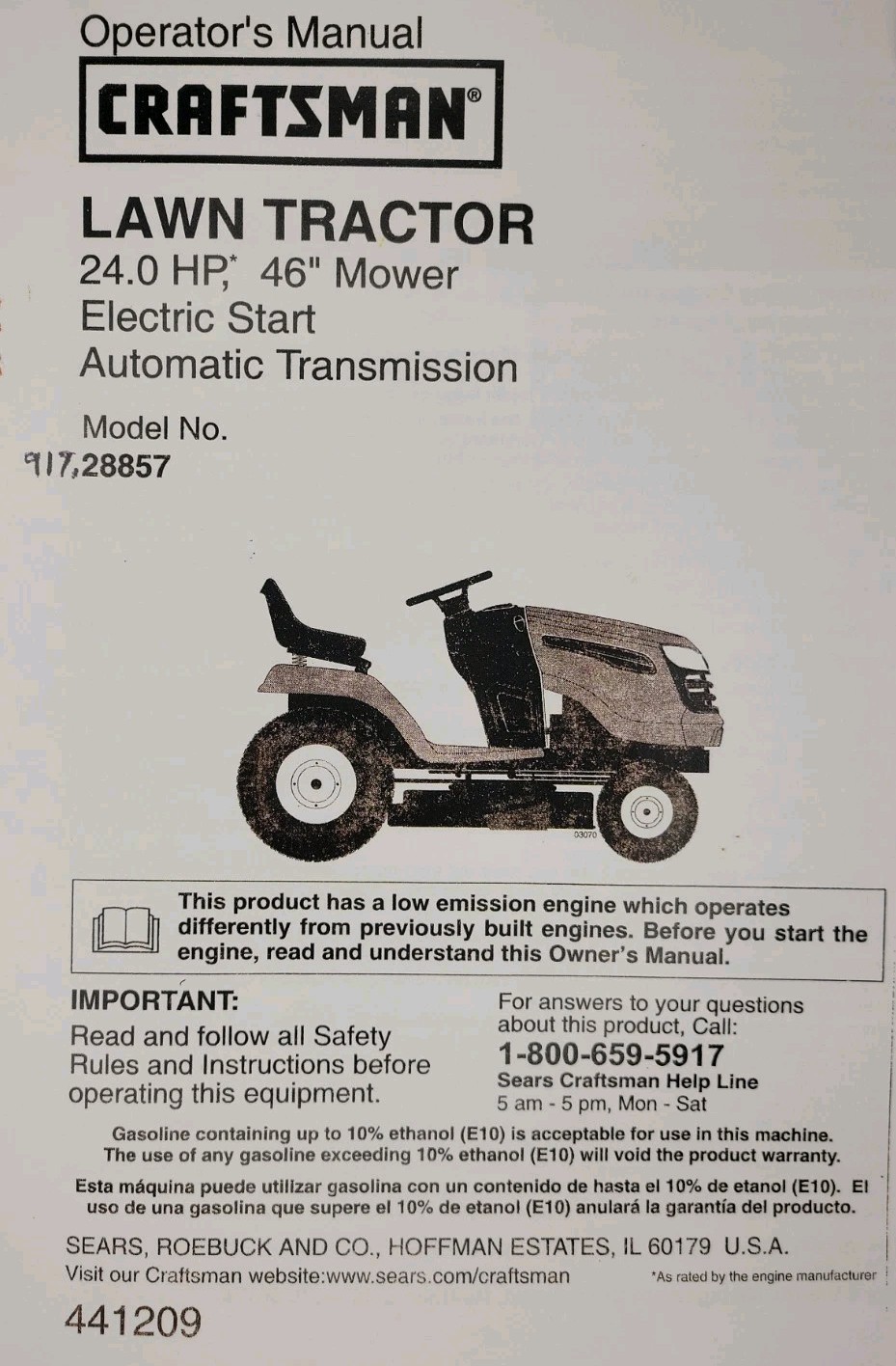 Sears Craftsman YT4000 Hydro 24.0 h.p. 46″ Lawn Tractor 917.288570 Owners Manual