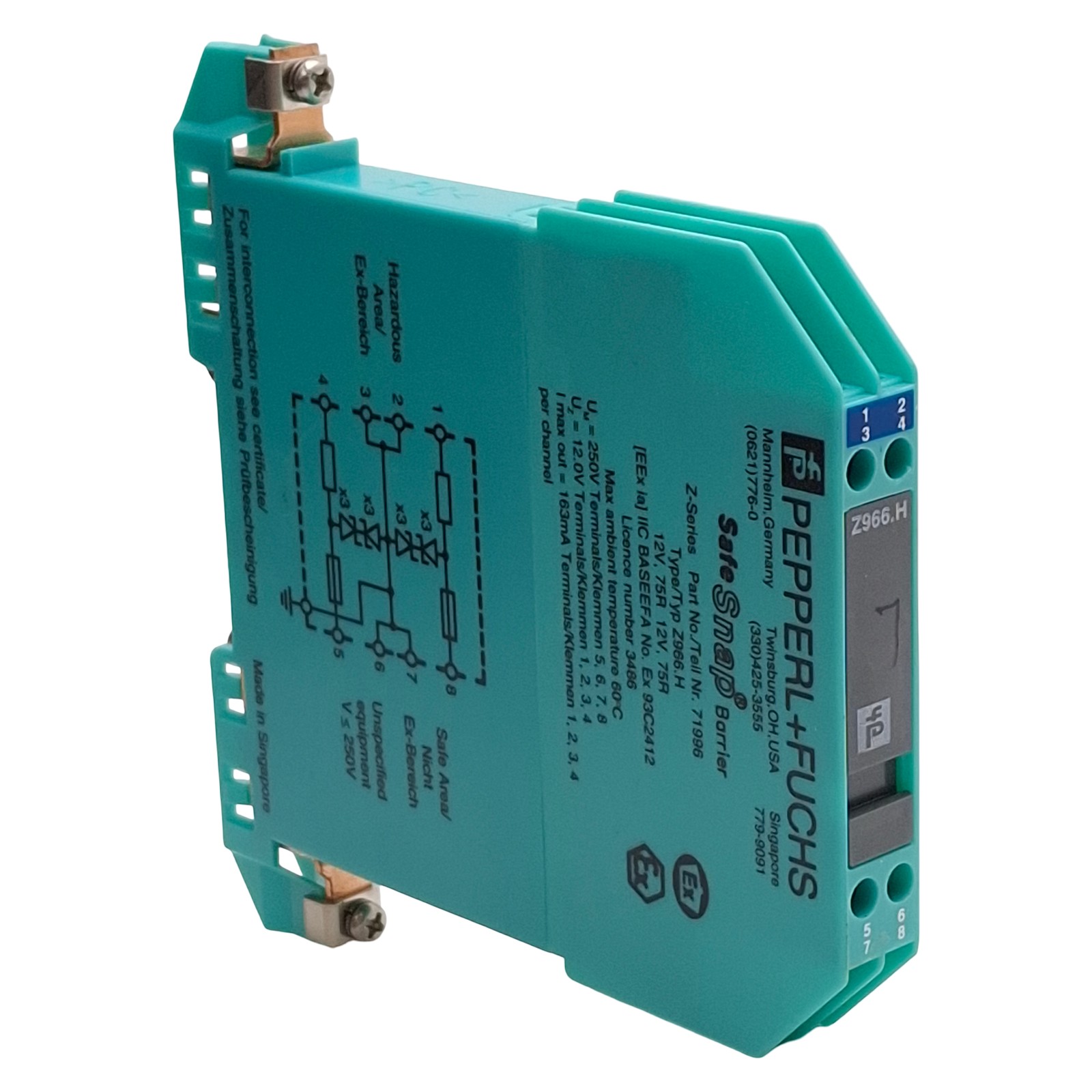 Pepperl + Fuchs 71996 Z966.H Safe Snap Zener Barrier, 2-Ch 10V @ 10µA AC Version