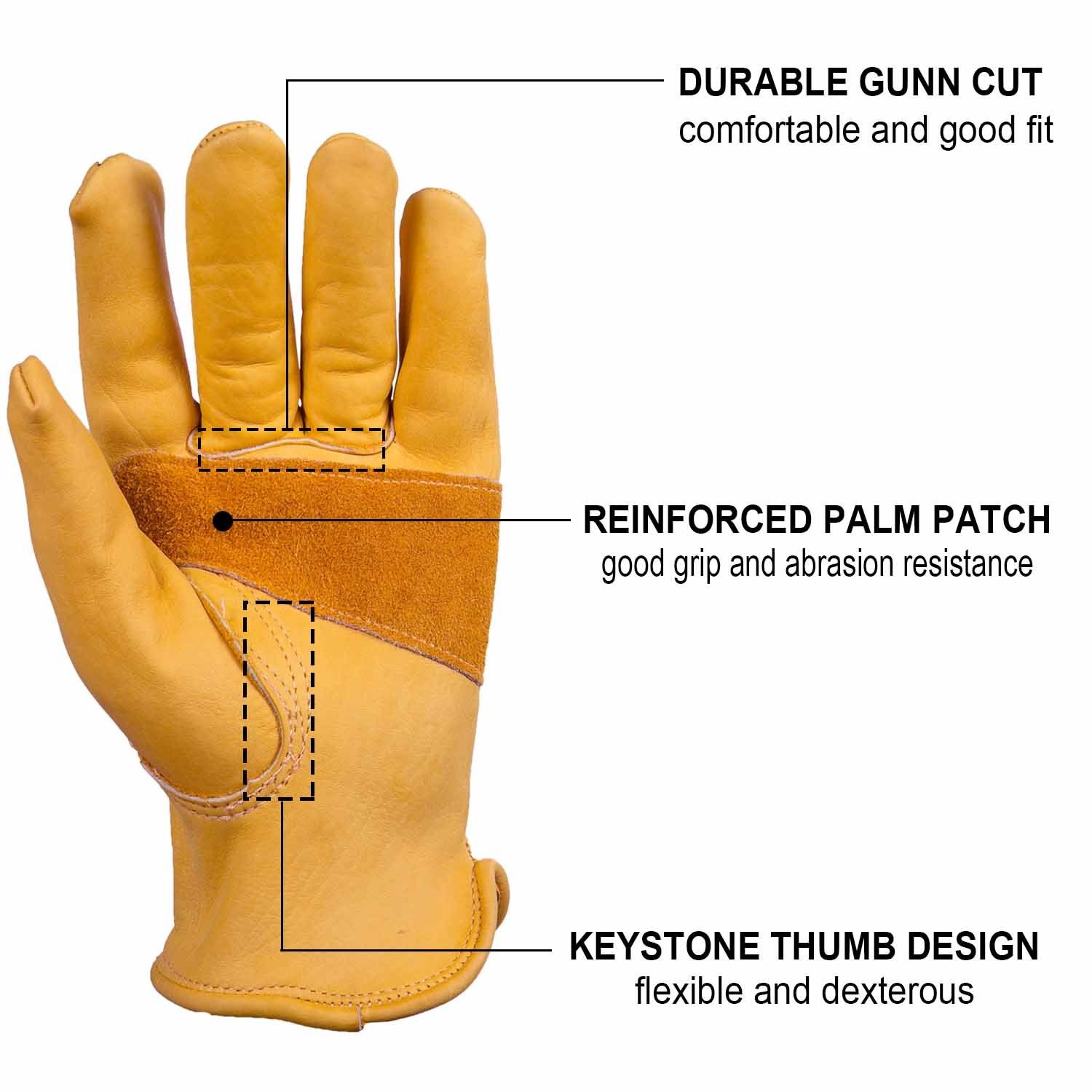 Leather Work Gloves Men 3 Pairs Cowhide Reinforced Palm Keystone Thumb Garden