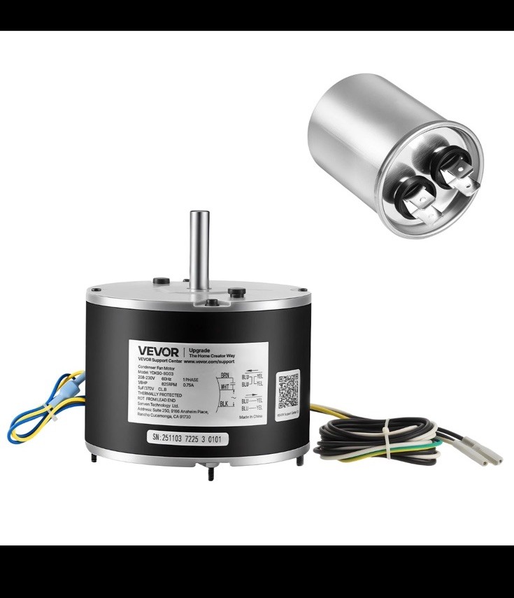 VEVOR Condenser Fan Motor with Capacitor 1/8HP 825RPM 208-230V CW/CCW Rotation