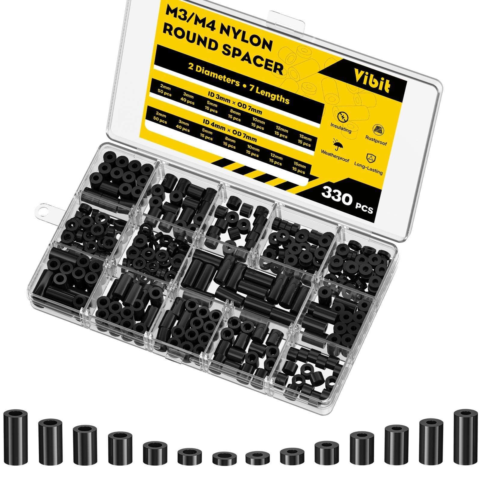 330 Pcs M3/M4 Nylon Spacers for Screws, ID 3 mm/4 mm & OD 7 mm, 10 Lengths – …