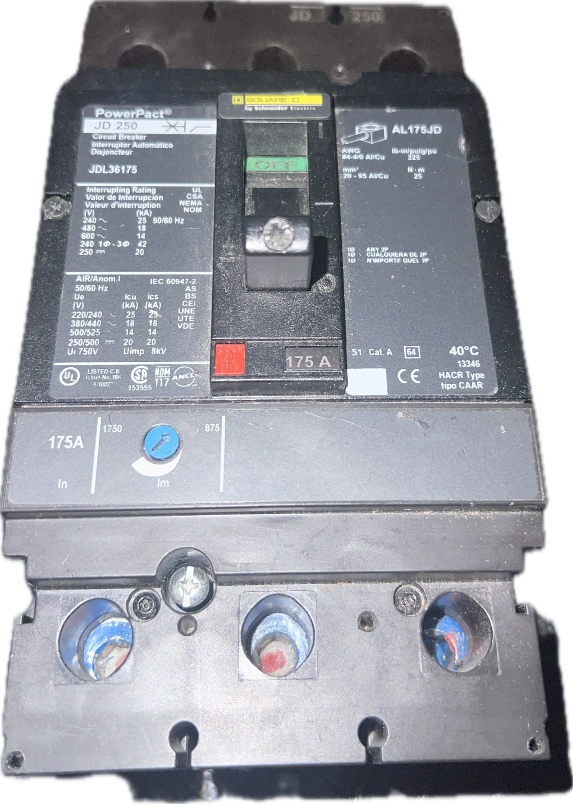 Square D JDL36175 PowerPact JD250 175A 3P 600V Circuit Breaker AL175JD